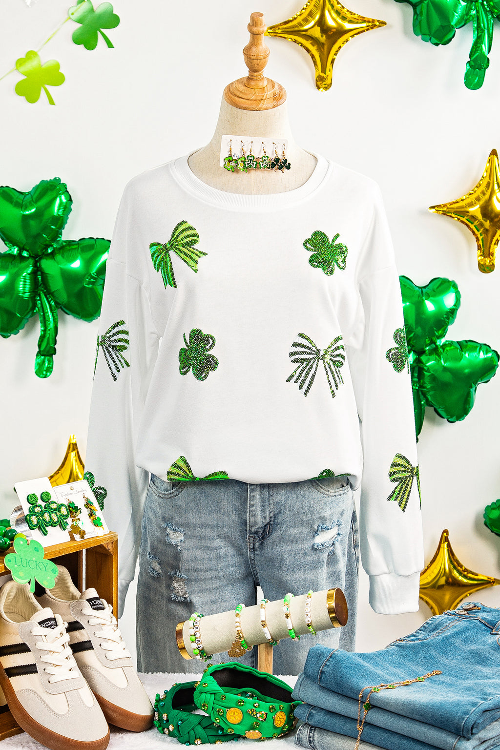 White LUCKY Clover Embroidered Long Sleeve Top