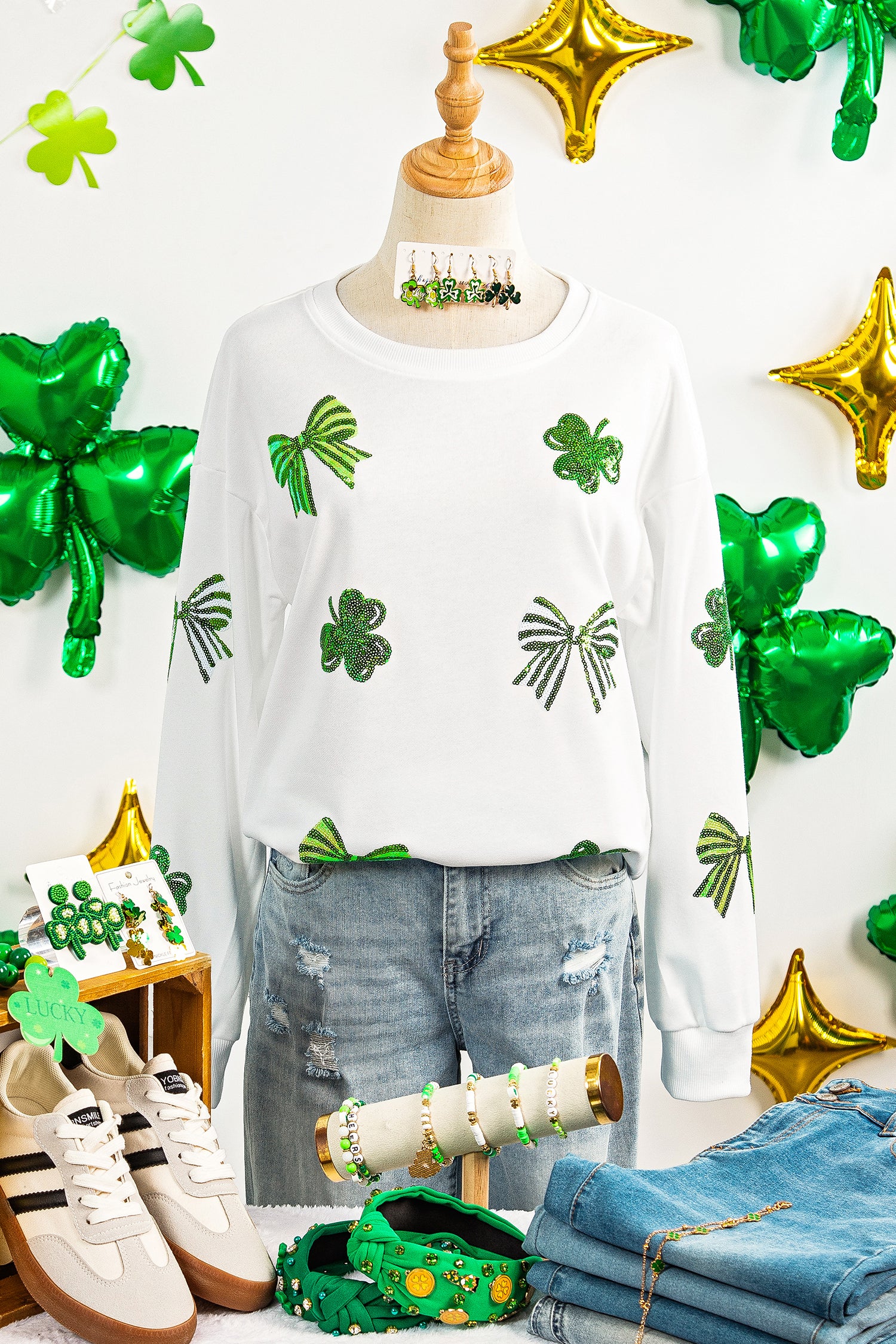 White LUCKY Clover Embroidered Long Sleeve Top