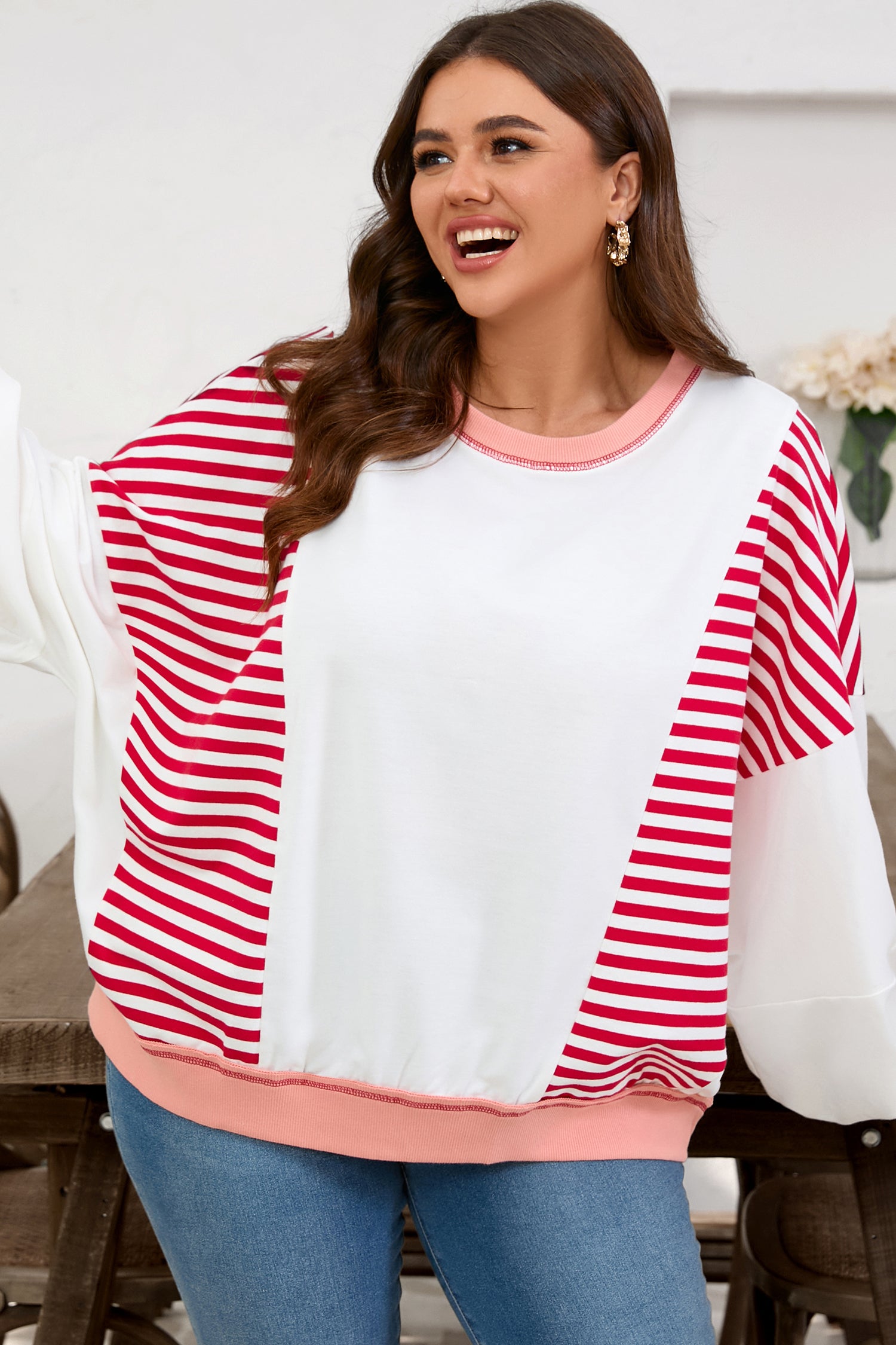 Red Stripe Colorblock Patchwork Contrast Stitching Oversize Sweatshirt
