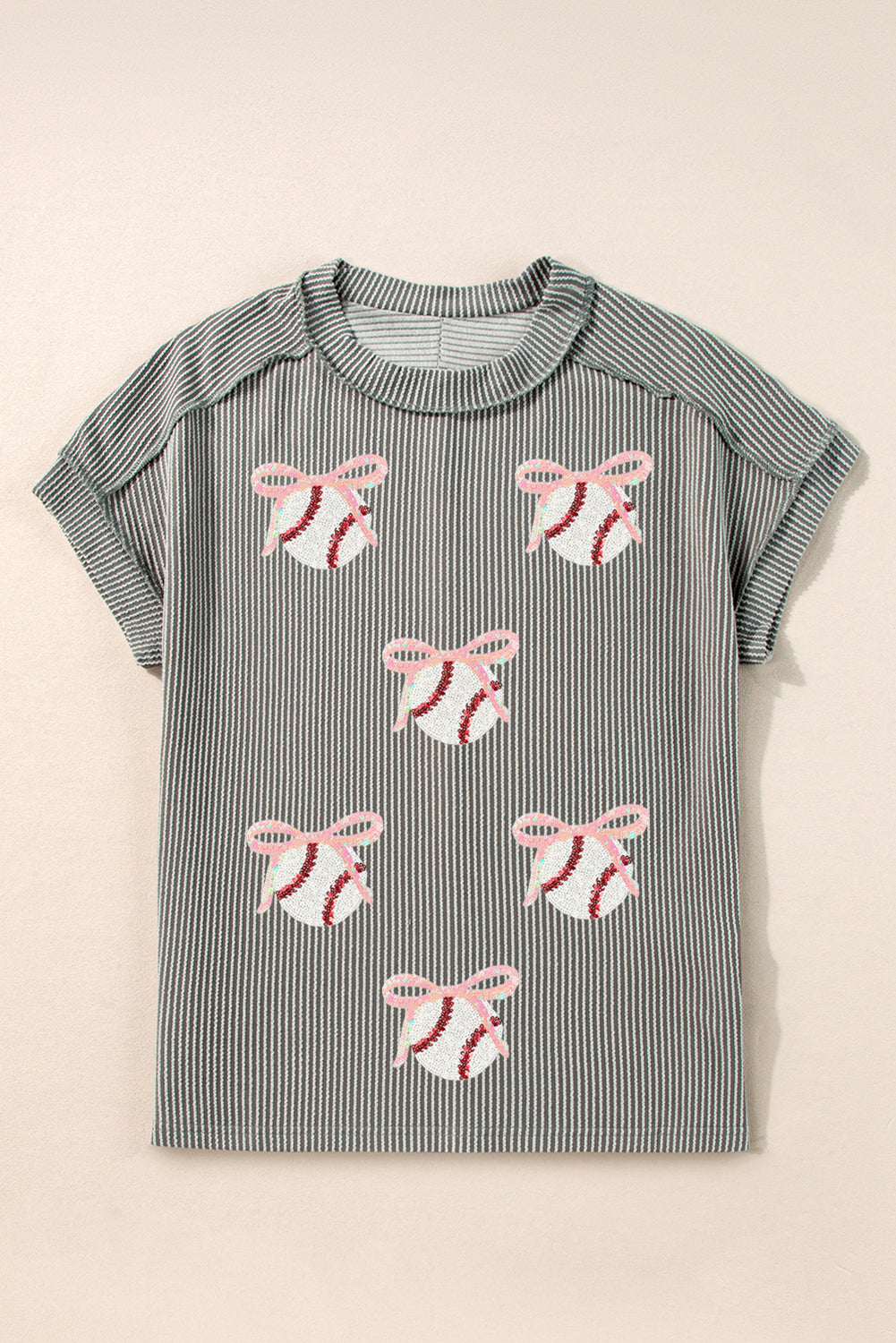 Medium Grey Twist Ribbed Sequined Bow Rugby Game Day Pattern Knit T Shirt