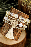 White Bohemian Rhinestone Beaded Fringed Layered Bracelet