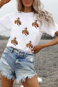 White Rodeo Patched Graphic Casual Round Neck Tee