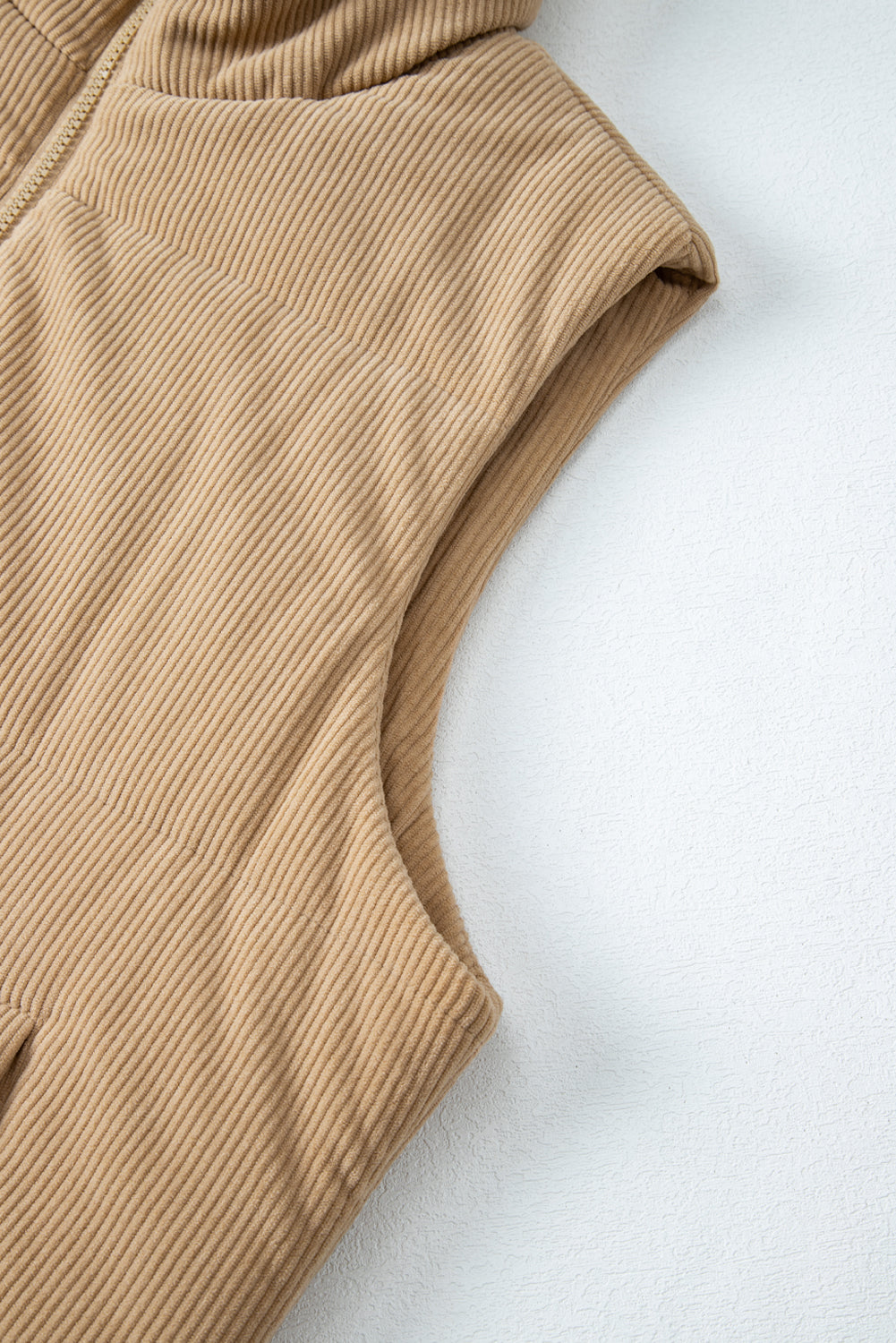 Beige Corduroy Stand Neck Zipped Puffer Vest