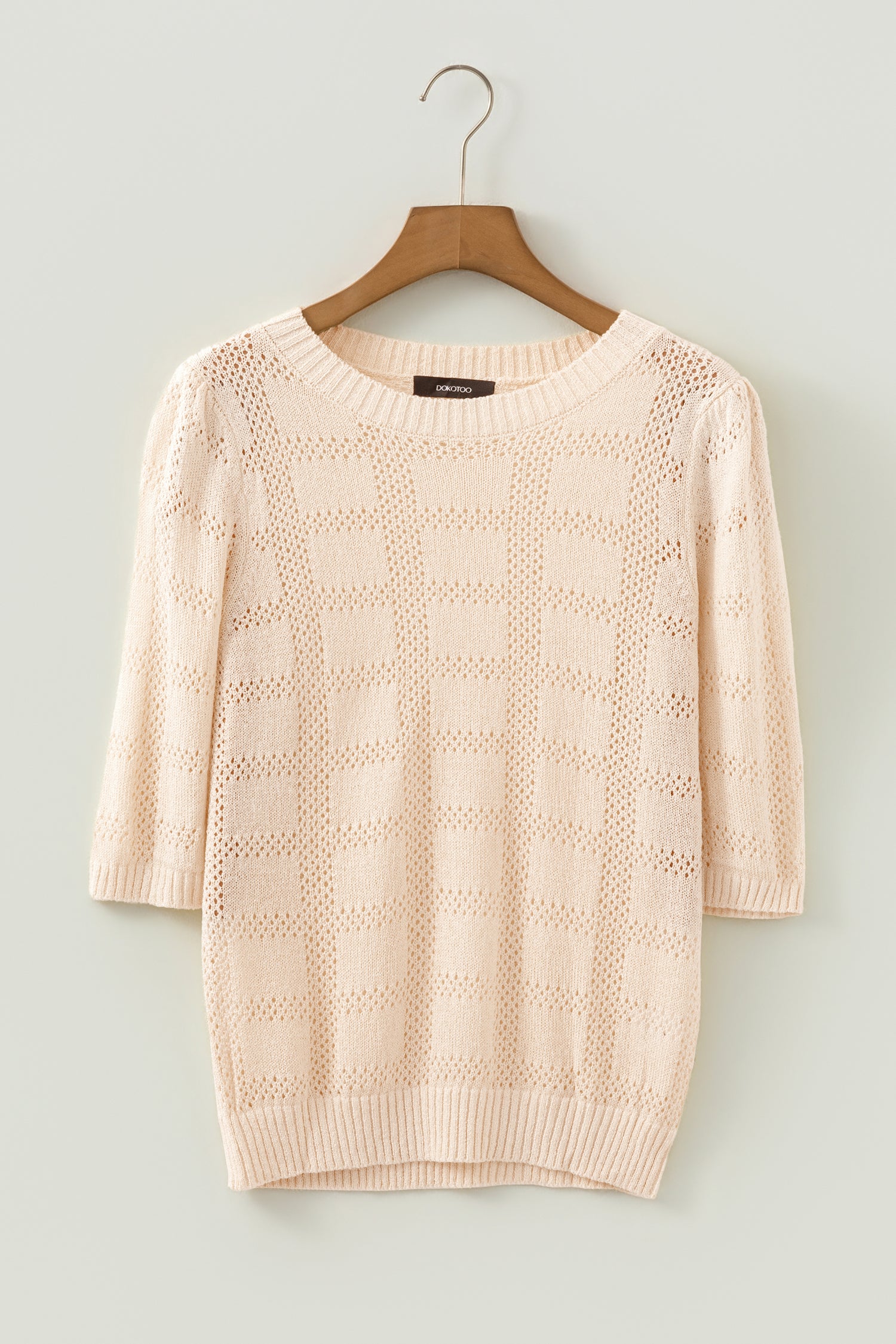 White Plaid Pattern Crochet Knit Short Sleeve Sweater