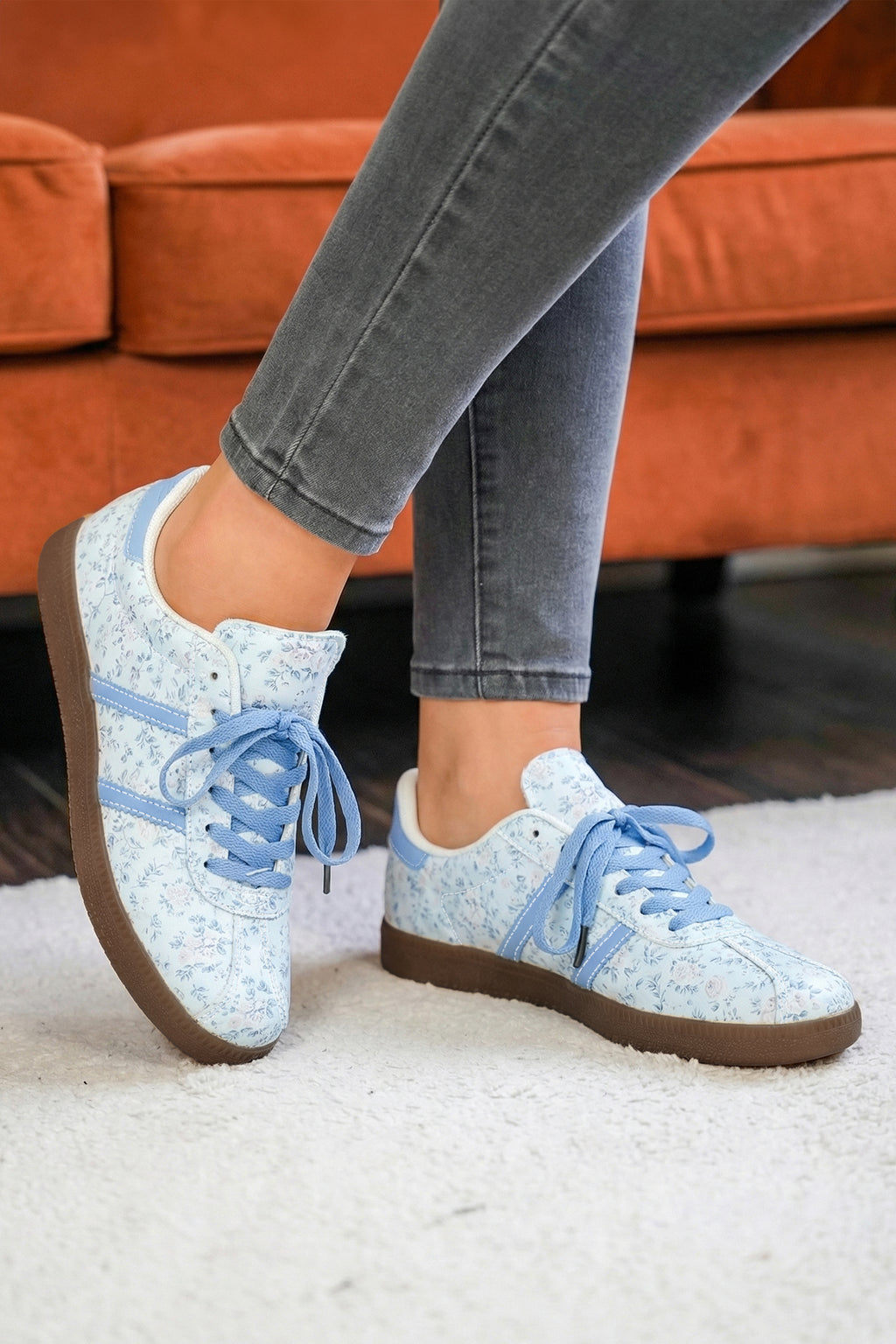 Light Pink Floral Print Lace-up PU Leather Flat Shoes