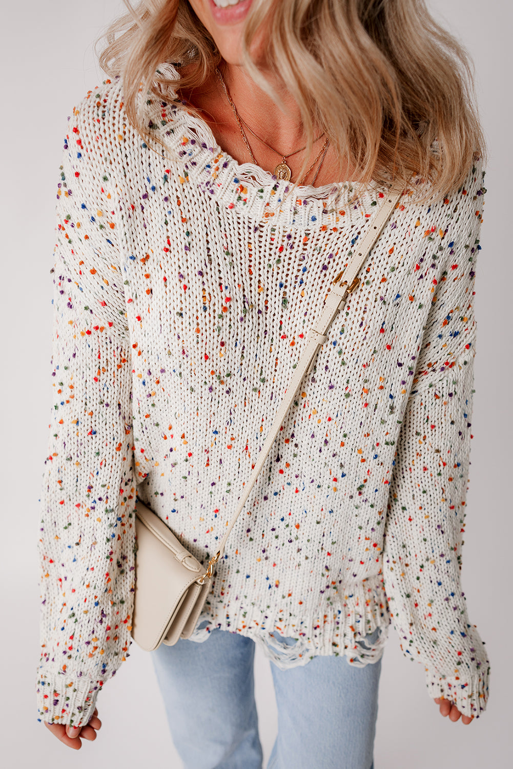 White Confetti Rib Knit Long Sleeve Cardigan