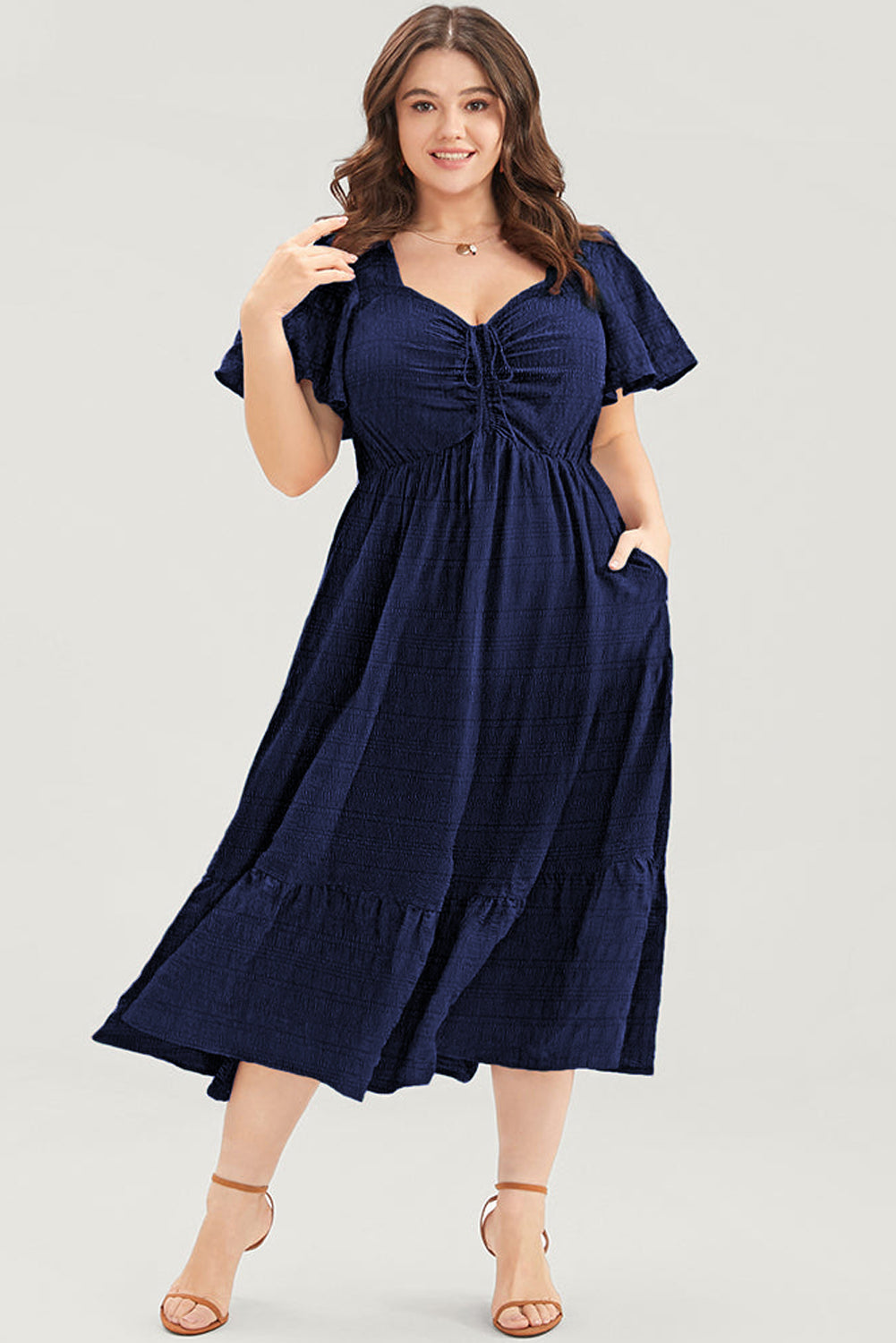 Red Plus Size Short Sleeve Lace-up High Waist Midi Dress