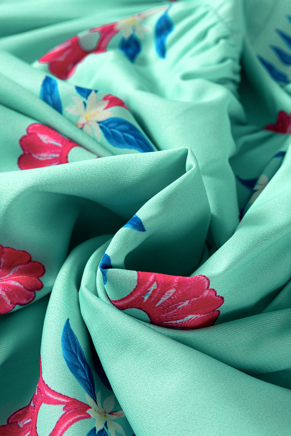 Blue Floral Print Notched Neck Butterfly Sleeve Shift Long Dress
