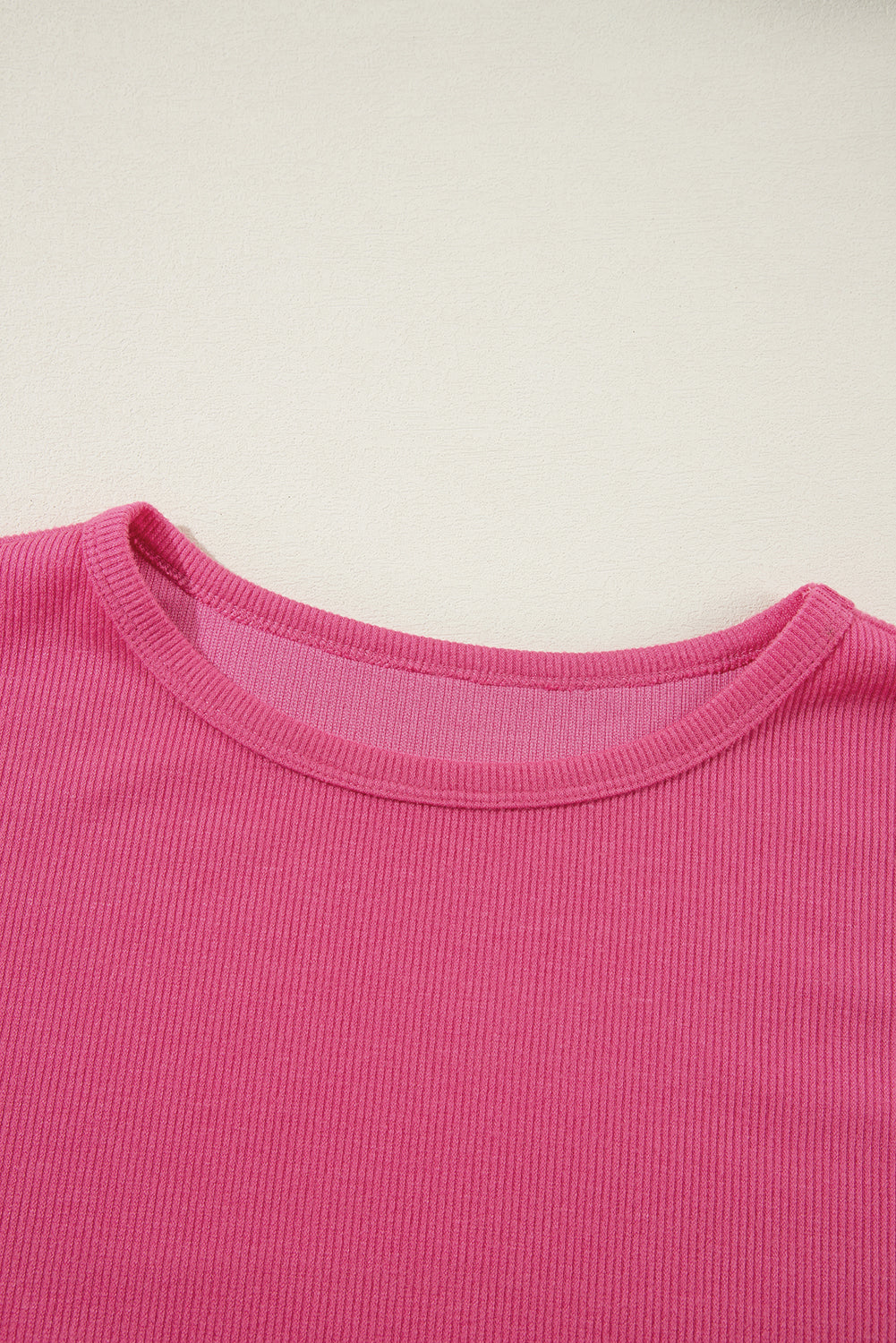 Bright Pink Floral Patchwork Flounce Sleeve Rib Knit Plus Top