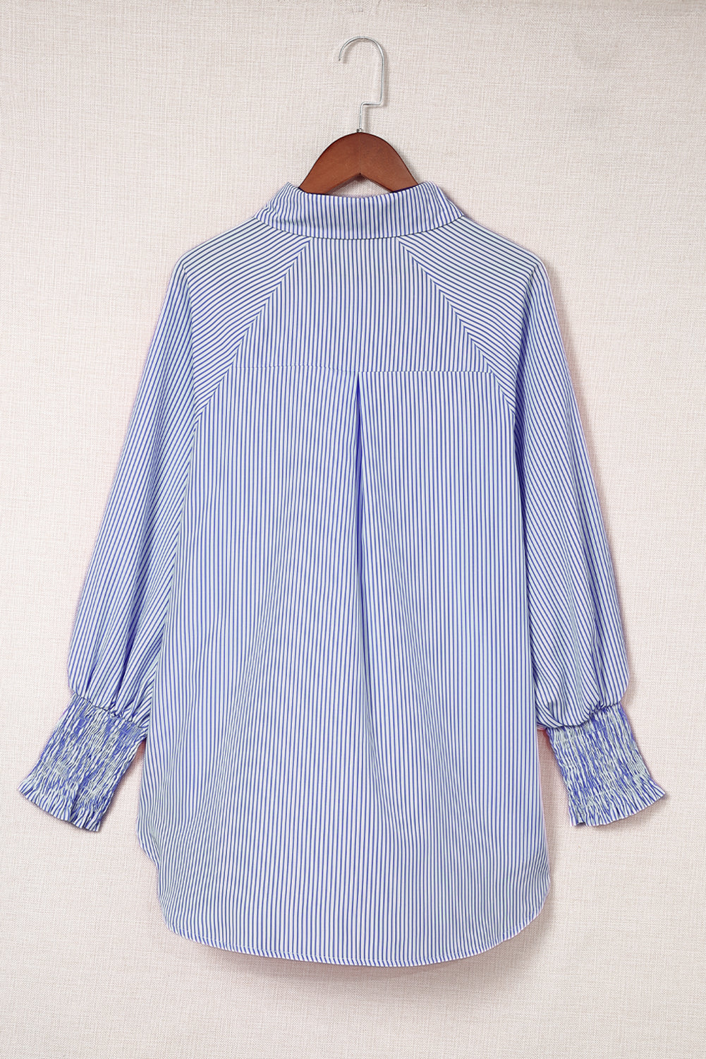 Red Stripe Smocked Cuffed Striped Boyfriend Shirt with Pocket