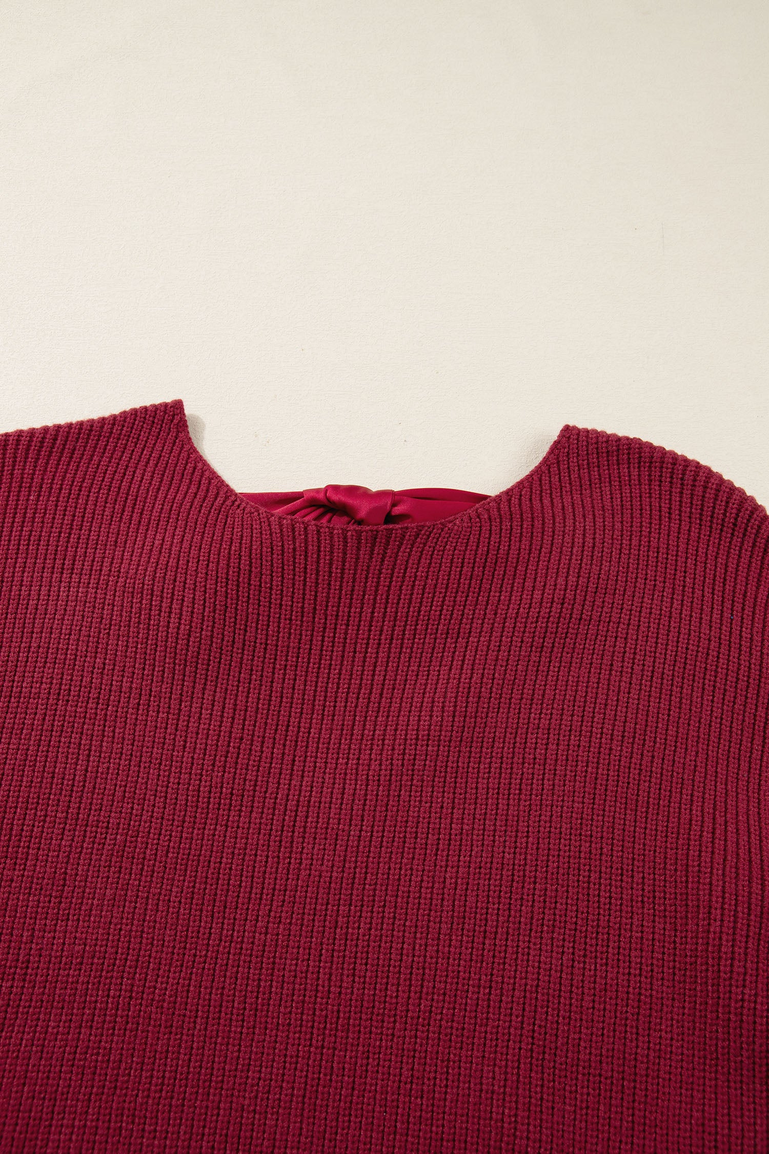 Black Ribbed Knit Ribbon Knot Backless Drop Shoulder Sweater