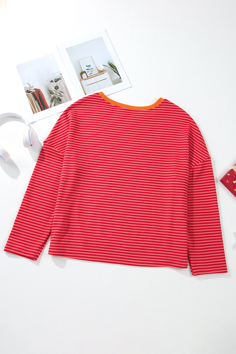 Orange Stripe Plus Size Drop Shoulder Long Sleeve Buttoned Decor Top