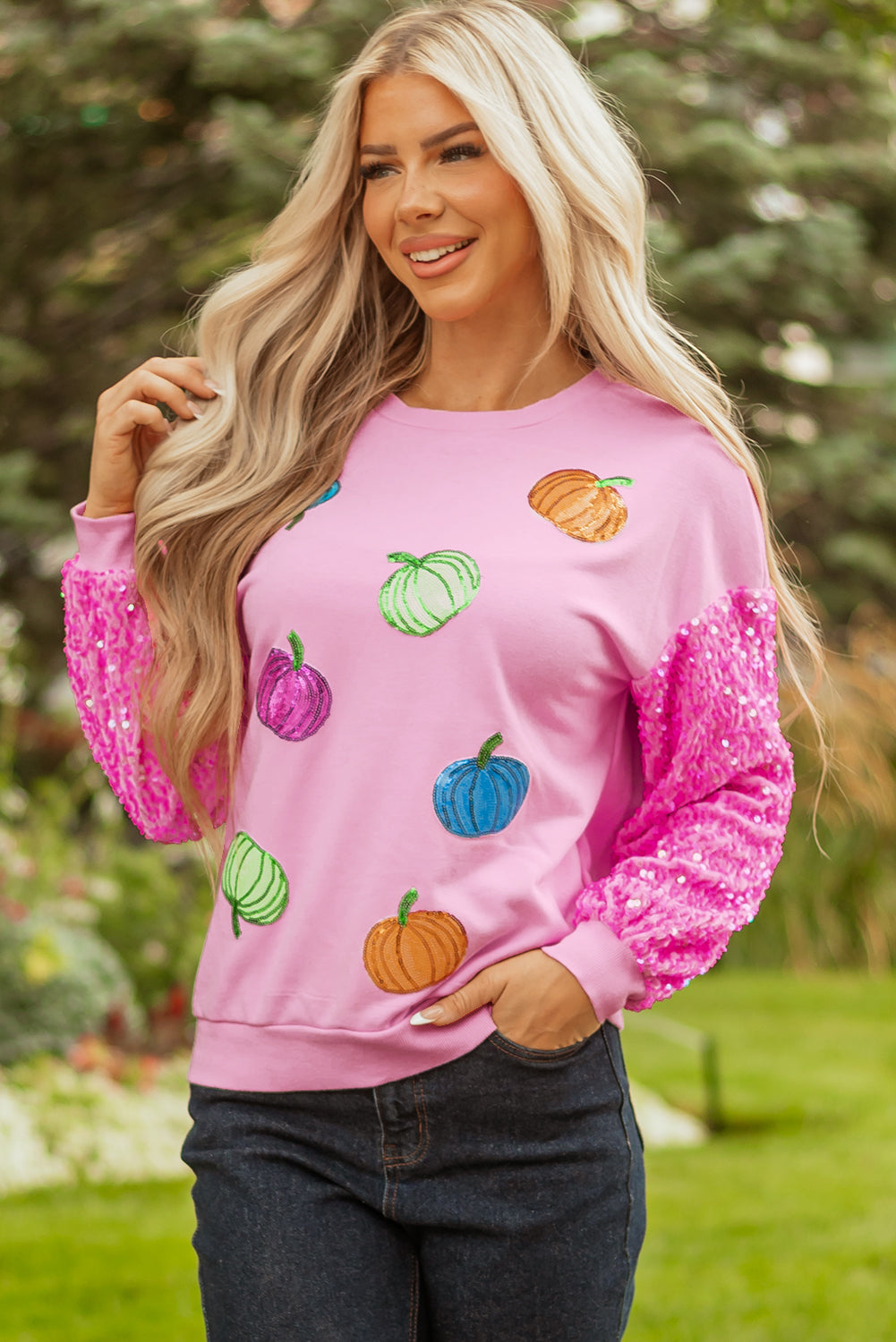 White Colorful Pumpkin Sequin Patched Drop Shoulder Sweatshirt