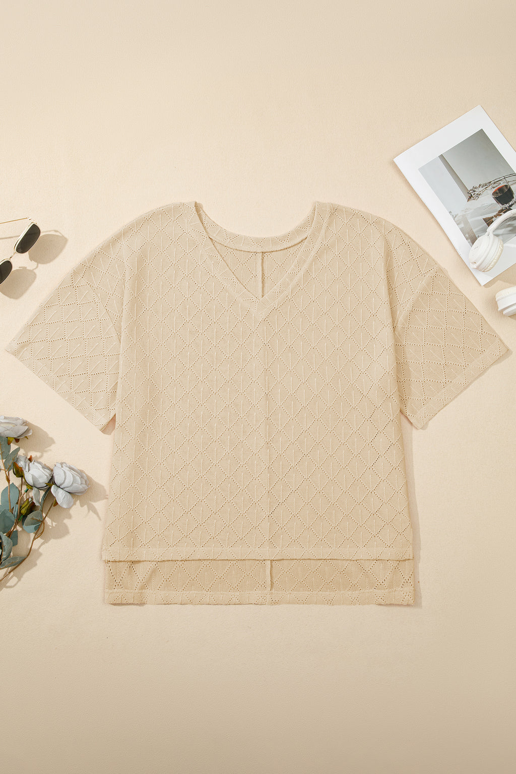 White Pointelle Rhombus Knit Plus Size V Neck Loose Top