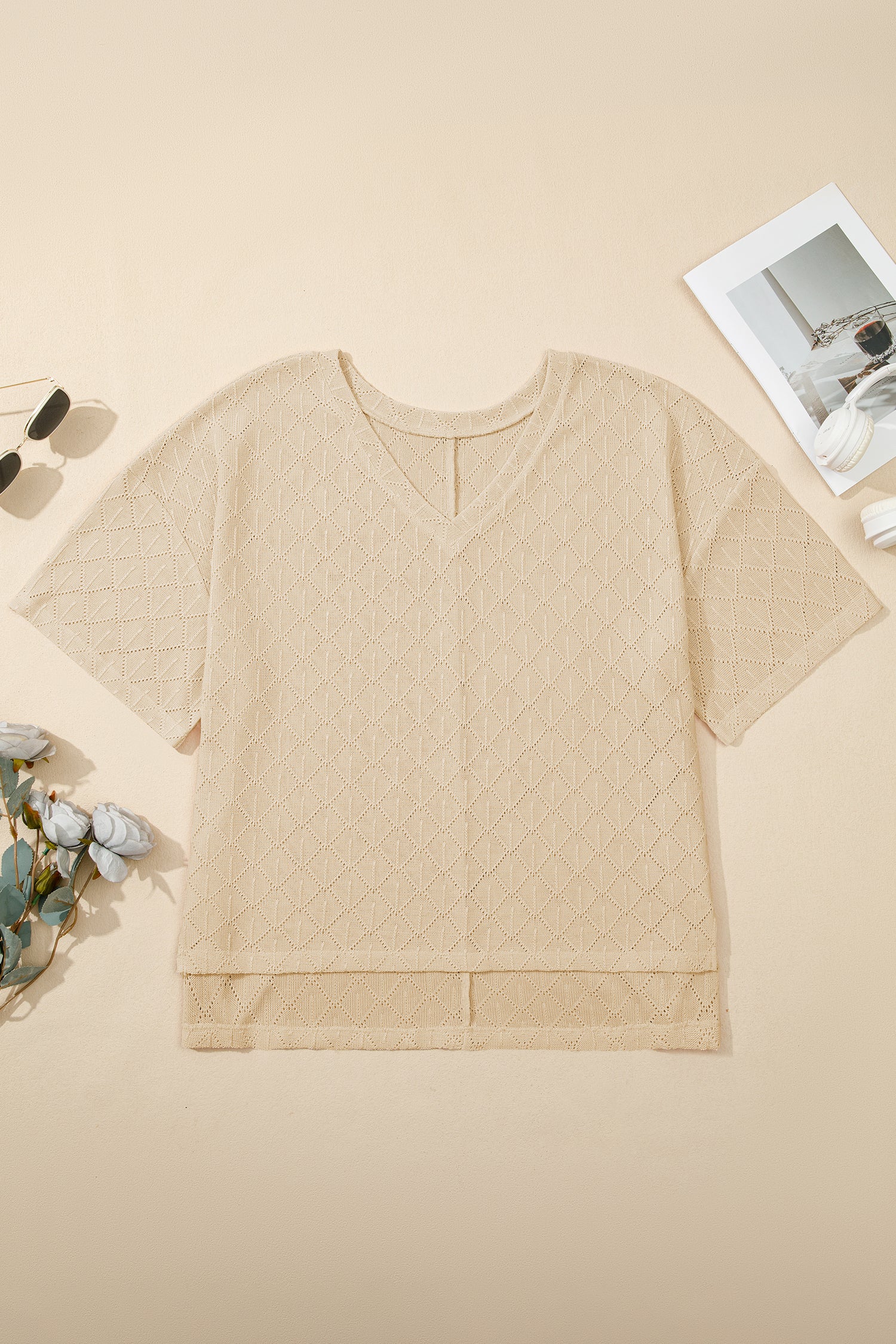White Pointelle Rhombus Knit Plus Size V Neck Loose Top