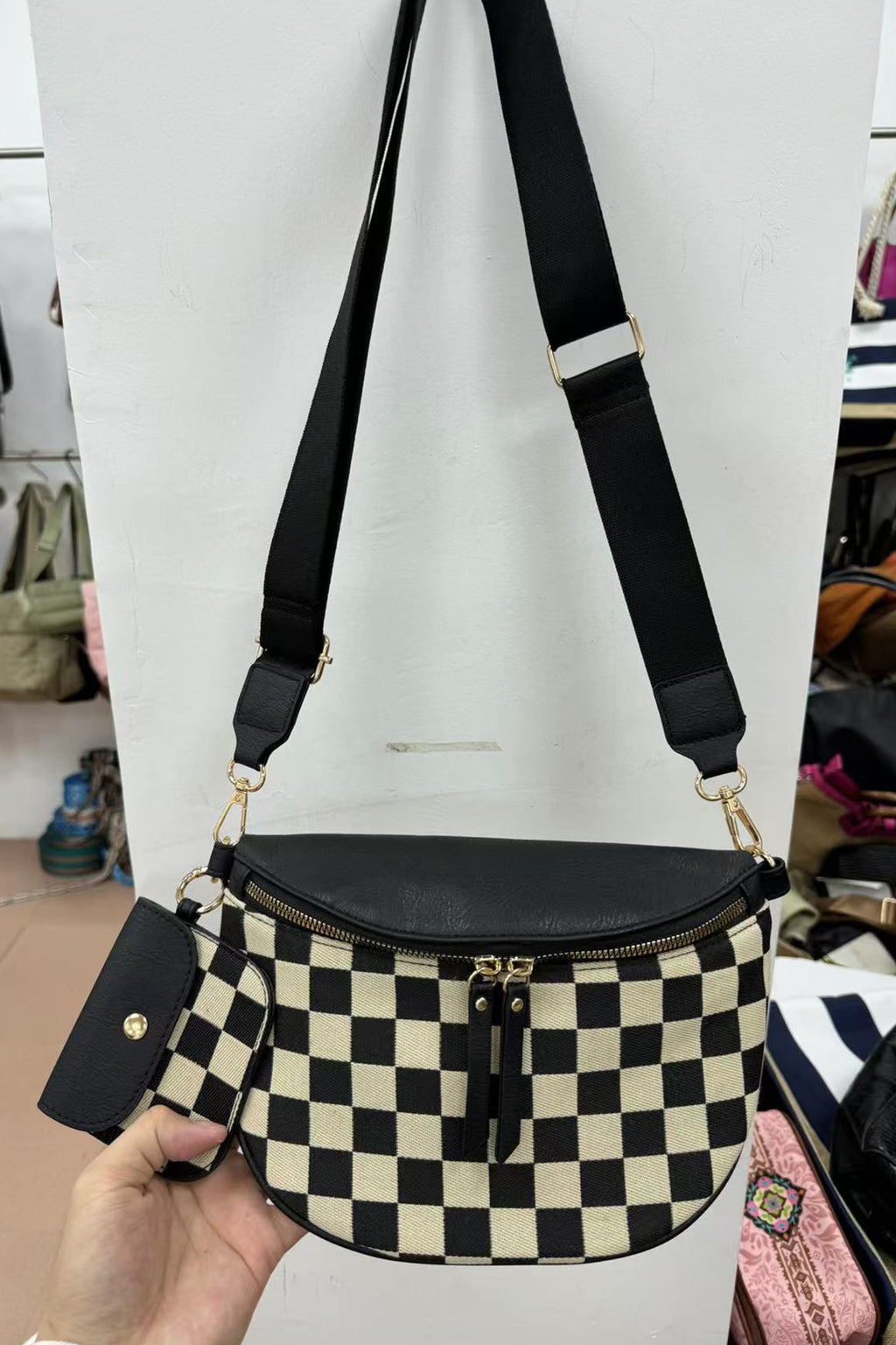 Coffee PU Leather Checkered Knit Patchwork Wallet Attached Shoulder Bag