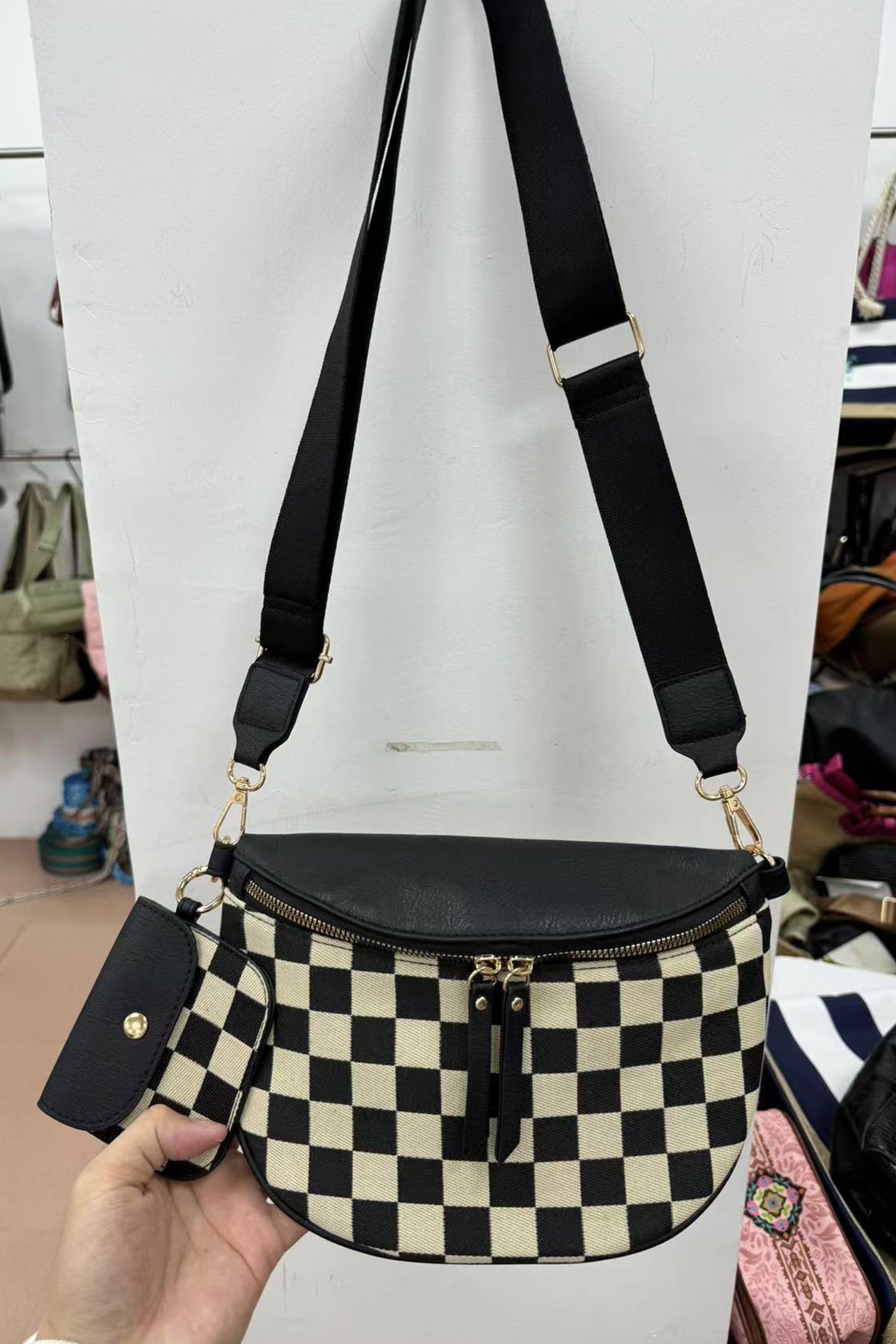Coffee PU Leather Checkered Knit Patchwork Wallet Attached Shoulder Bag