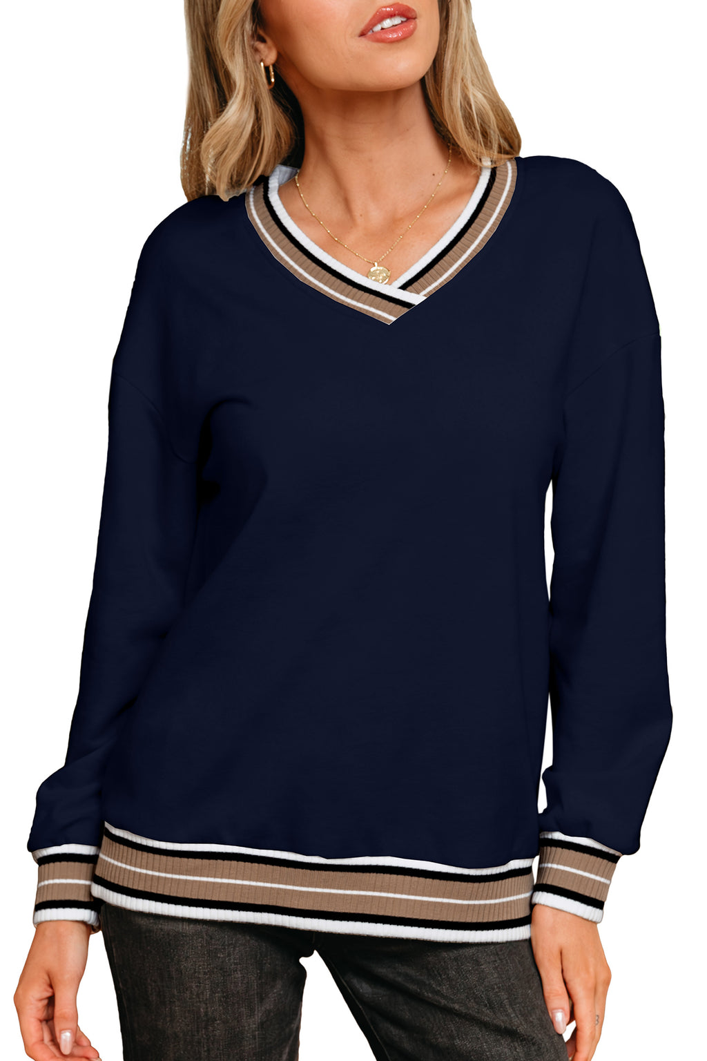 Gray Varsity Contrast Striped Trim V Neck Sweatshirt