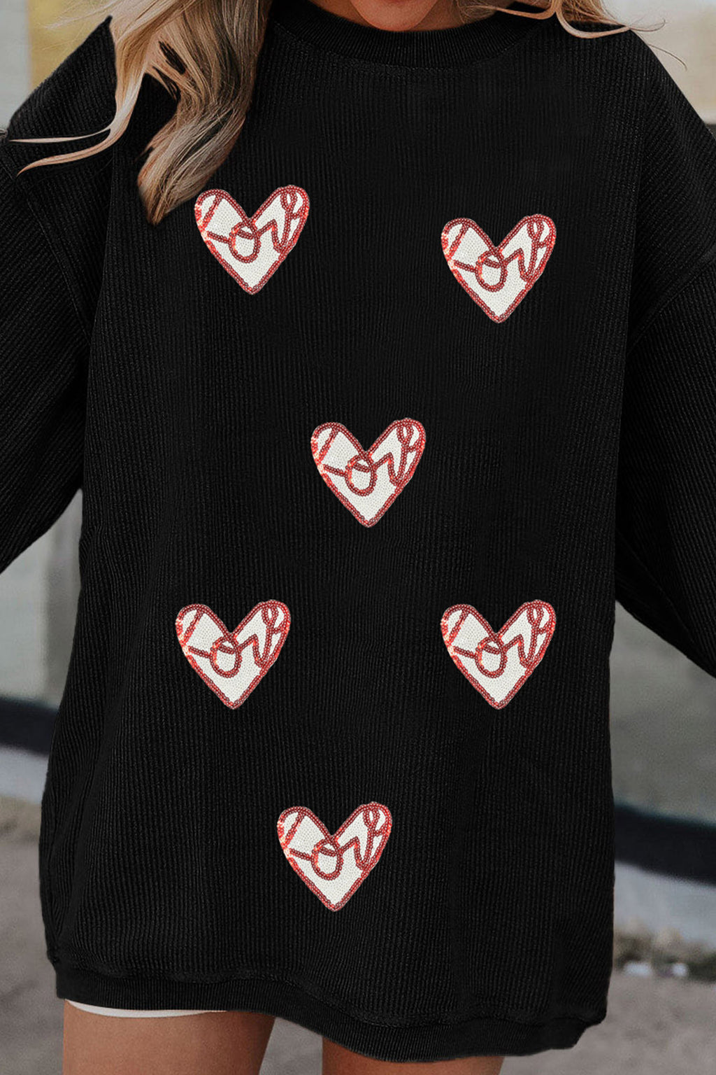 Black Corded Ribbed Love Heart Sequin Patched Graphic Sweatshirt