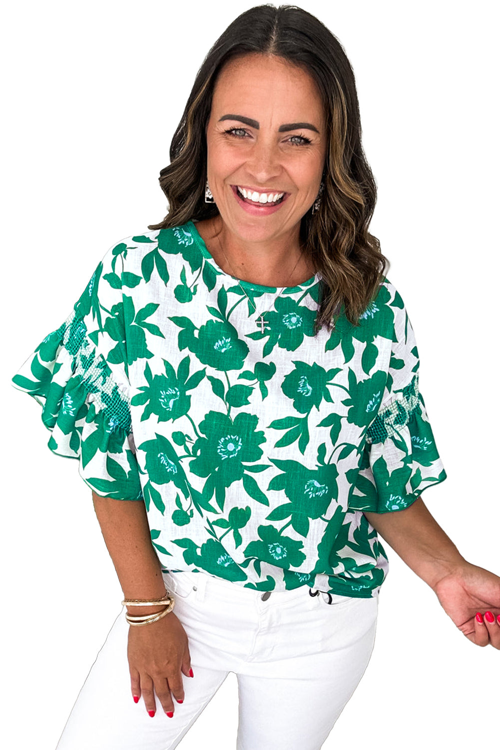 Pink Floral Printed Ruffled Short Sleeve Round Neck Loose Blouse
