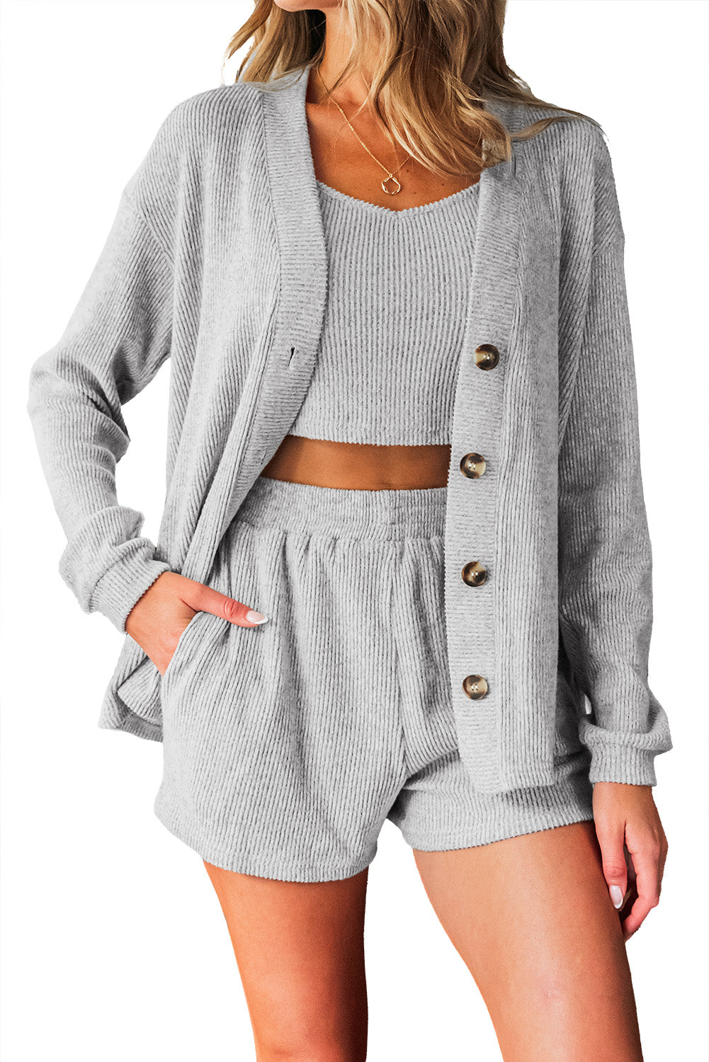 Black 3 Pcs Crop Tank Top Shorts with Cardigan Lounge Set