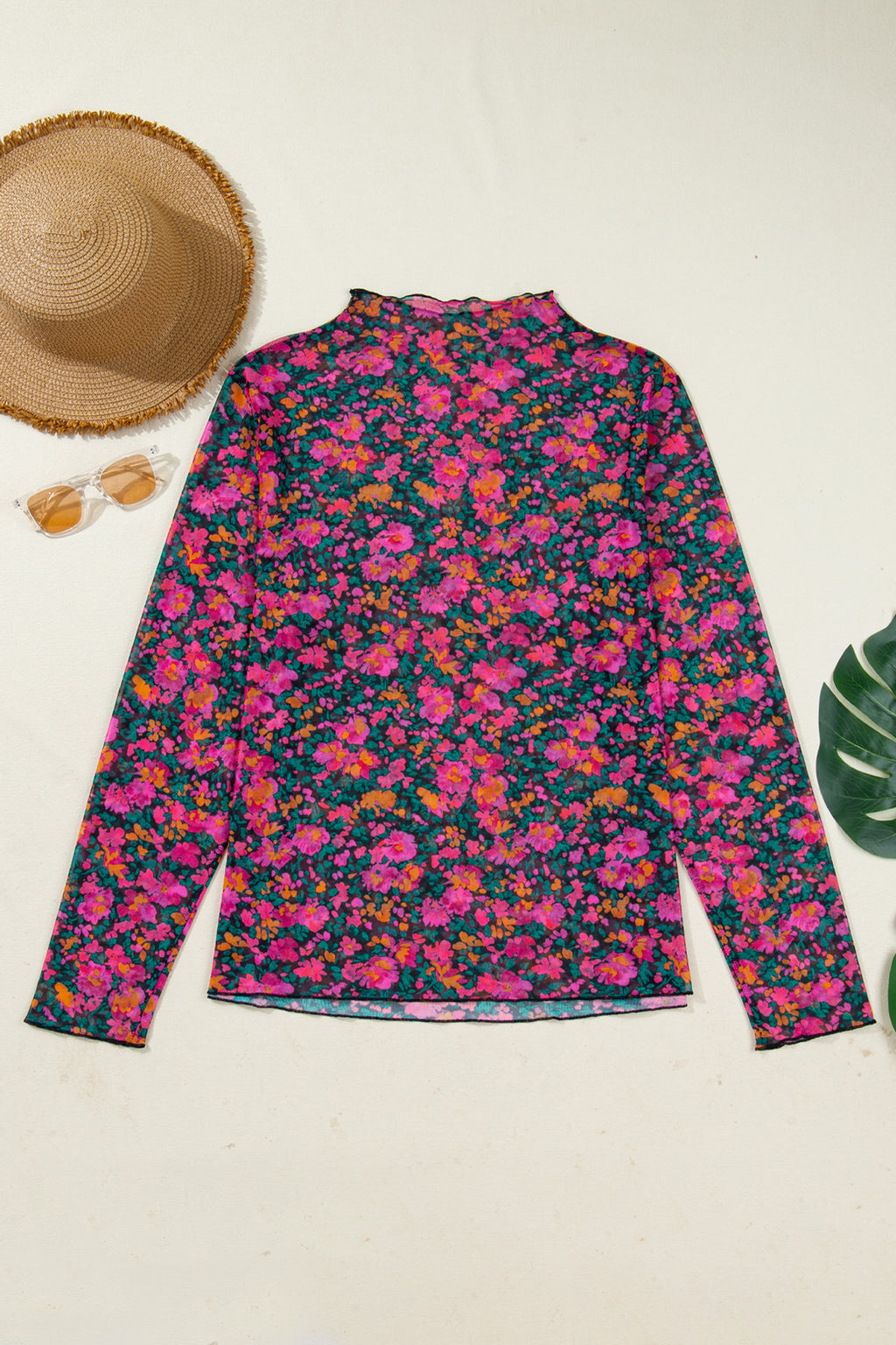 Rose Retro Floral Printed Mesh Short Sleeve Top