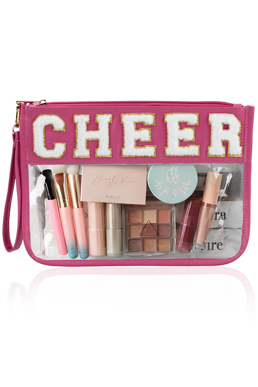 Fiery Red CHEER Chenille Letter PU Leather Patchwork Clear Makeup Bag