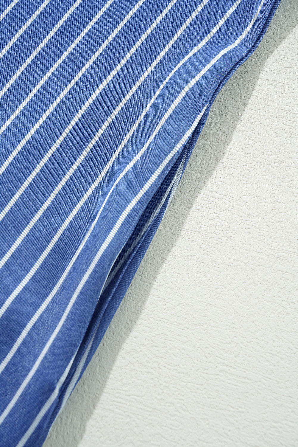 Sky Blue Stripe Frilly Split Neck Shirred Ruffle Sleeve Short Shift Dress