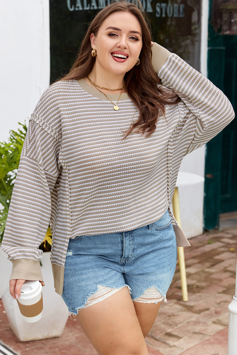 Red Stripe Ribbed Trim Drop Shoulder Long Sleeve Oversize Top