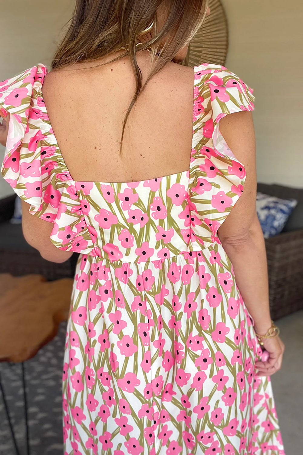 Blue Floral Print Square Neck Ruffled Strap Maxi Dress