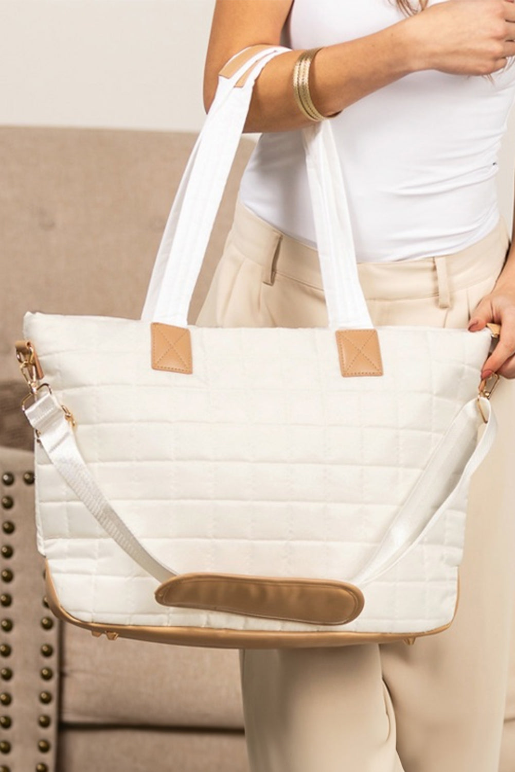 Camel Quiled Patchwork Large Tote Bag and Clutch 2pcs Set