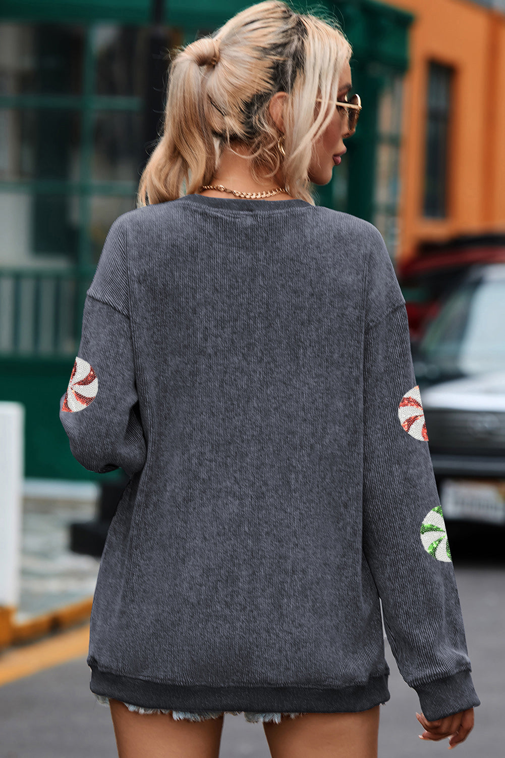 Gray Christmas Candy Sequin Graphic Ribbed Corded Baggy Sweatshirt