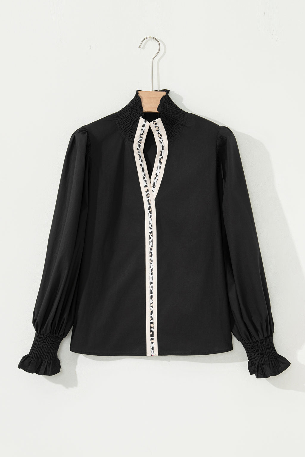 Evergreen Puffy Flounce Sleeve Leopard Trim V Neck Blouse