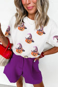White Sequin Pumpkin Witch Halloween Graphic Tee