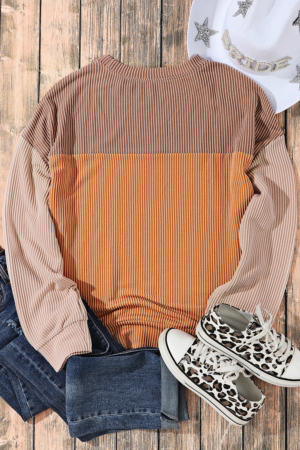 Pale Chestnut Color Block Corded Long Sleeve Top