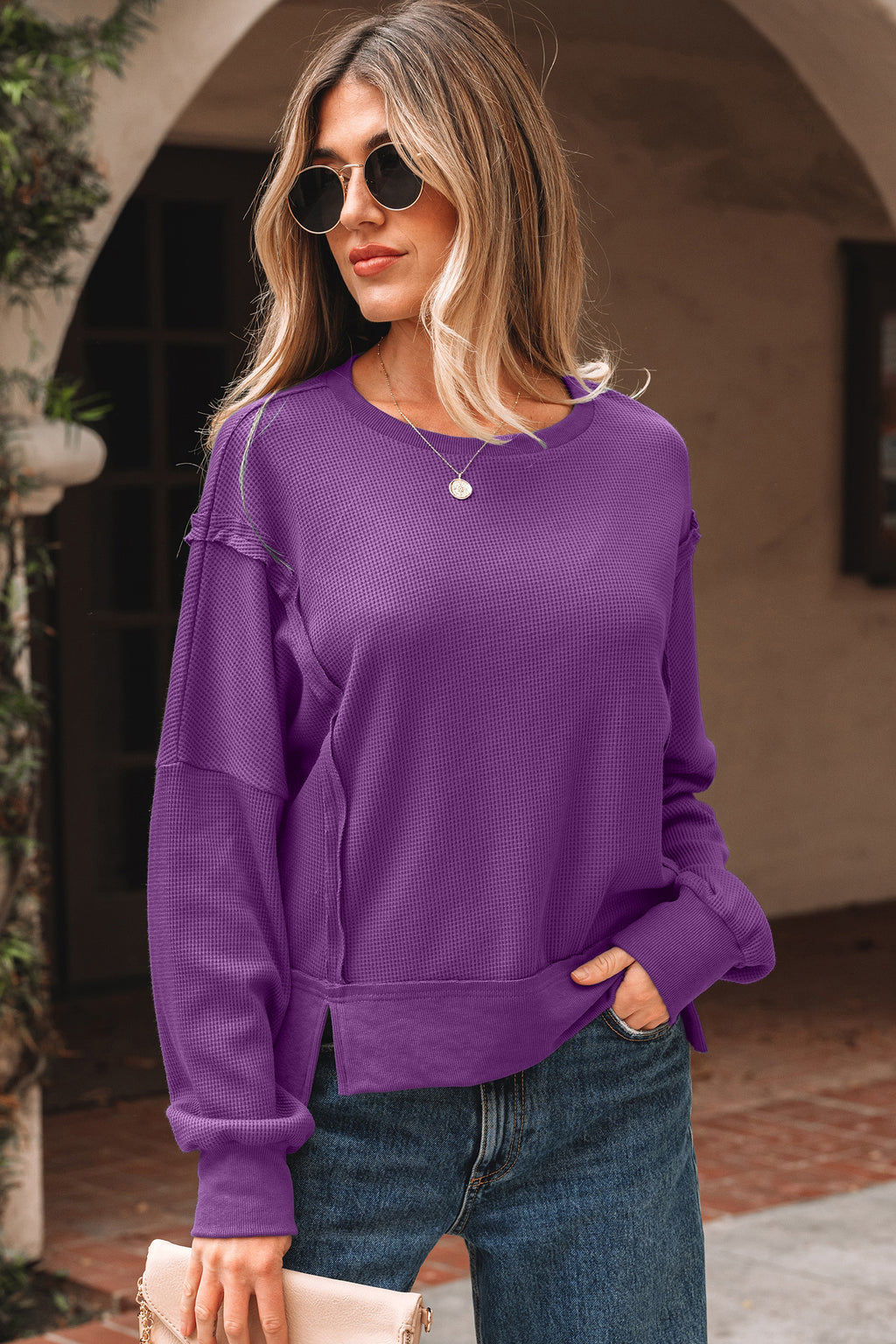 Evergreen Solid Color Raw Seam Patchwork Textured Drop Shoulder Sweatshirt
