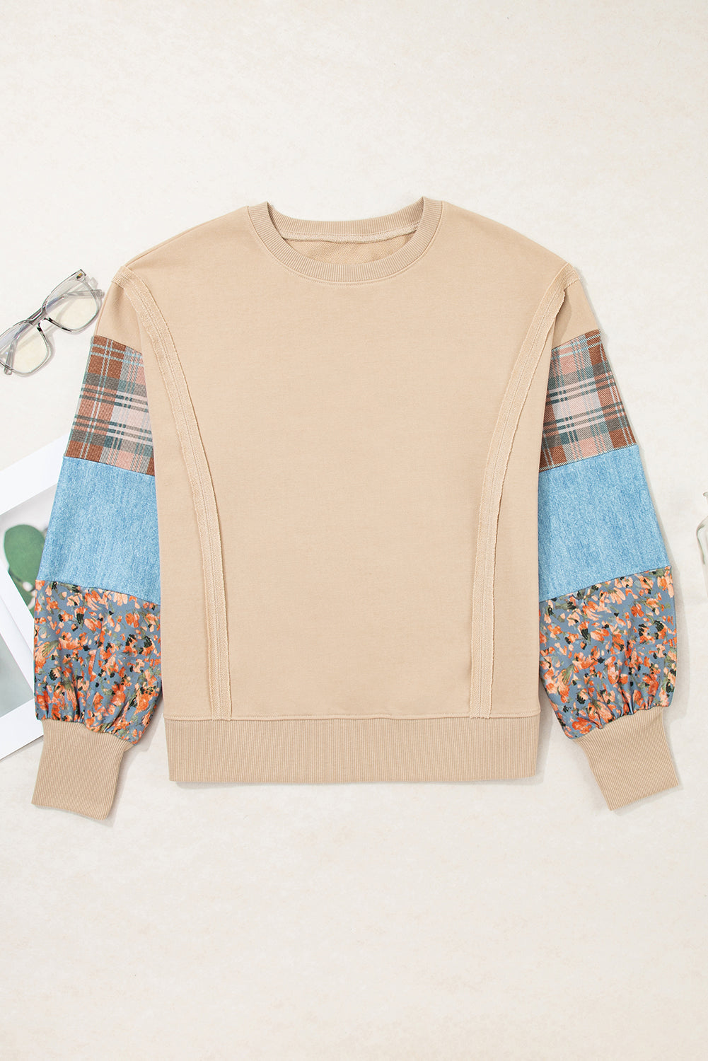 Red Sandalwood Plaid Colorblock Patchwork Sleeve Raw Seam Sweatshirt