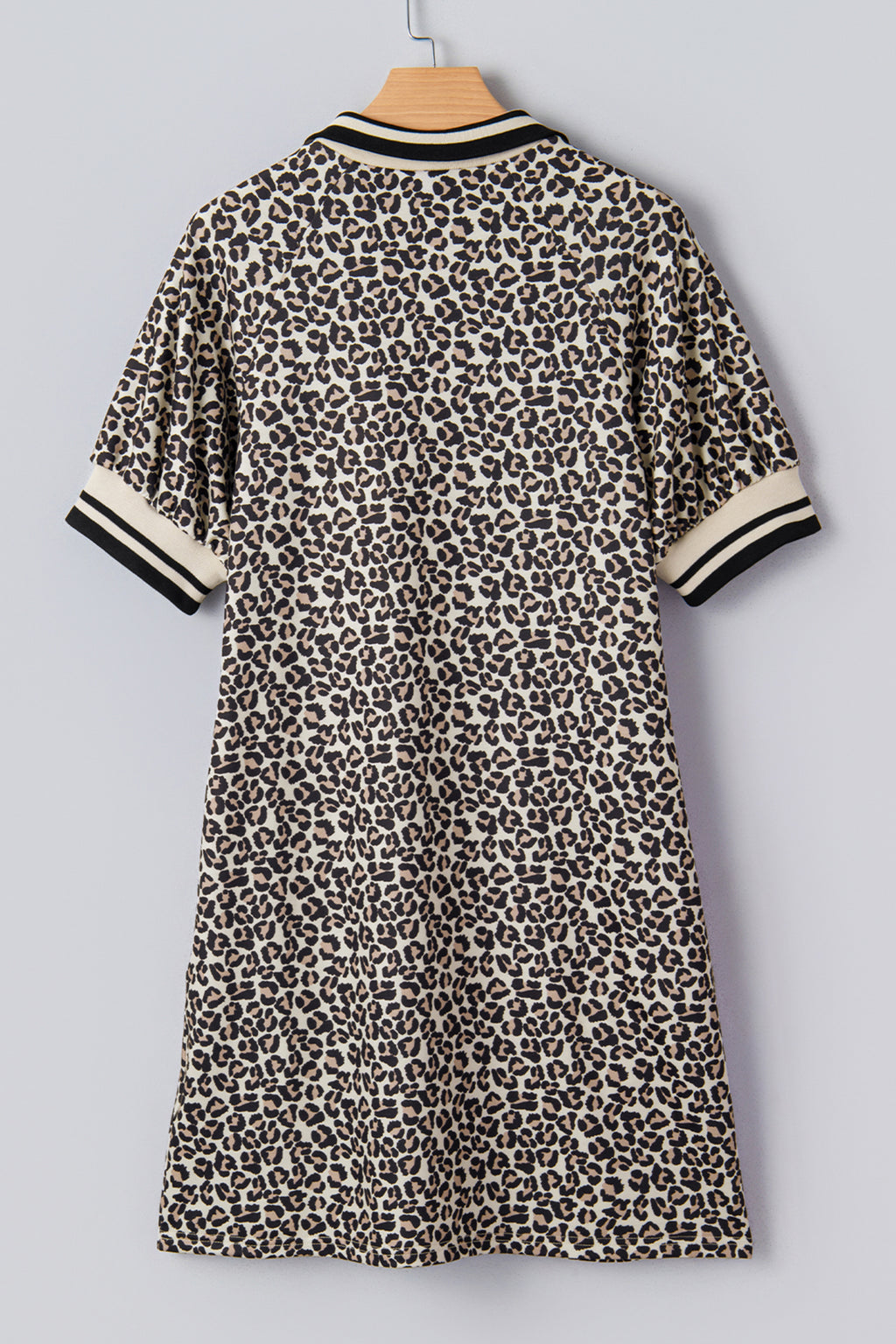 Brown Leopard Print Half Zip Striped Trim Patchwork Short Sleeve Top