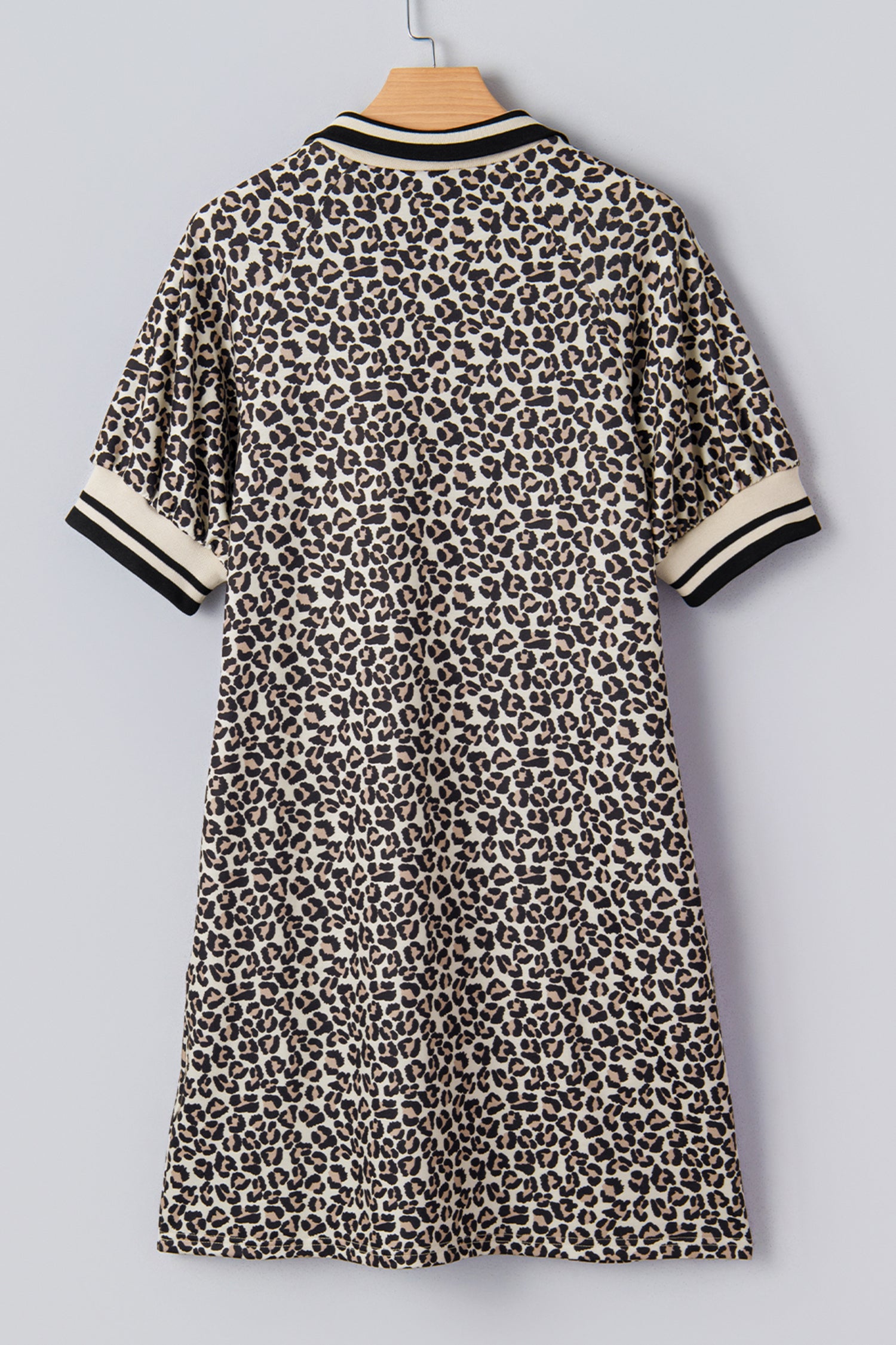 Brown Leopard Print Half Zip Striped Trim Patchwork Short Sleeve Top