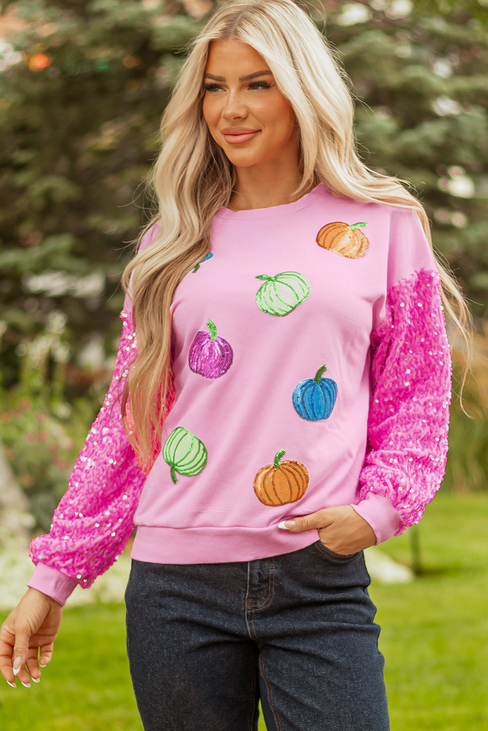 White Colorful Pumpkin Sequin Patched Drop Shoulder Sweatshirt