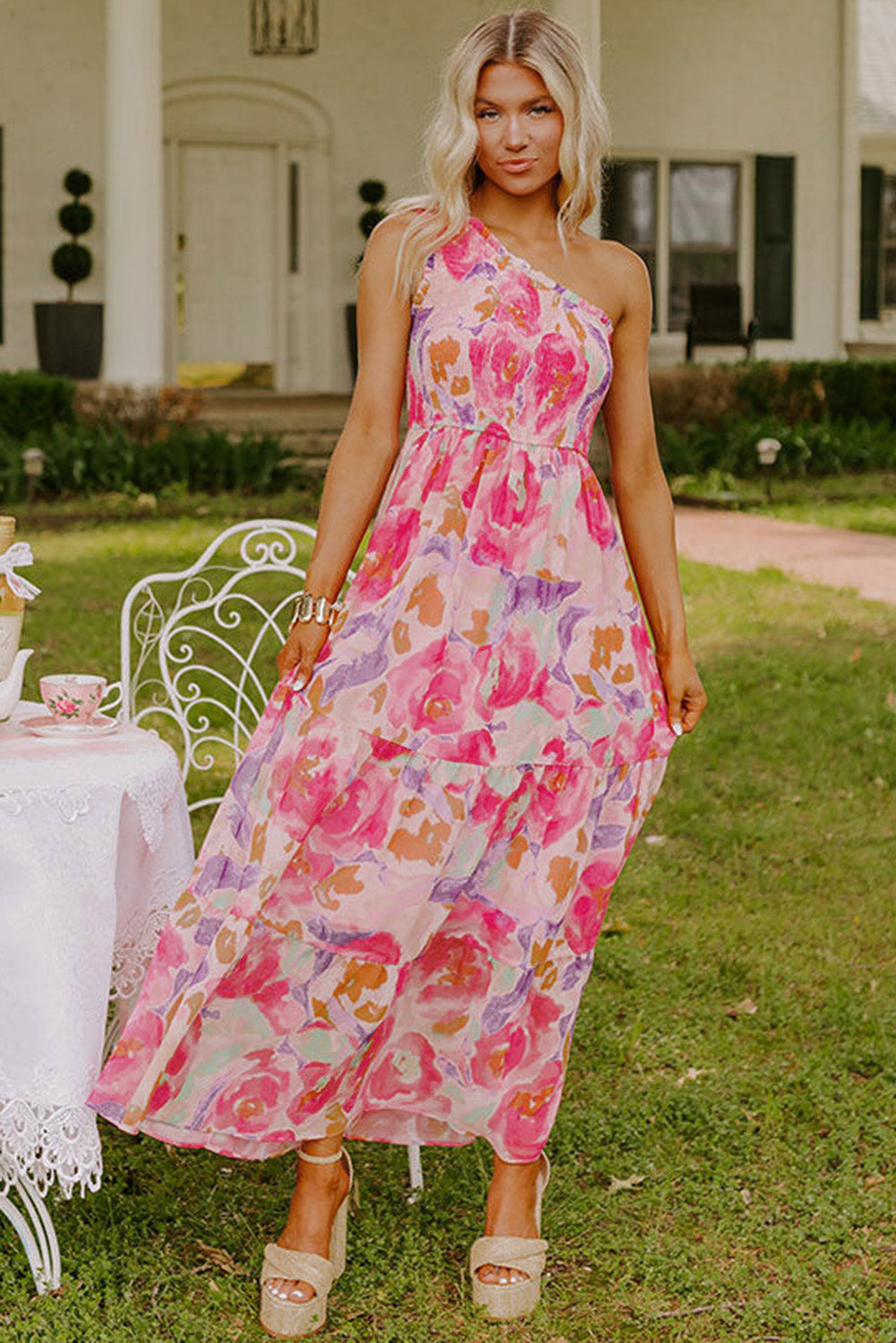 Pink Abstract Floral Print Shirred One Shoulder Maxi Dress