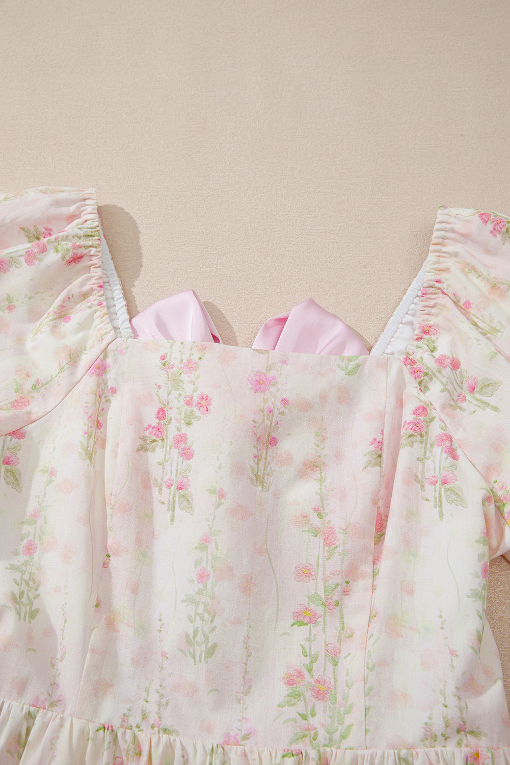Pink Floral Puff Sleeve Square Neck Knotted Open Back Ruffled Mini Dress