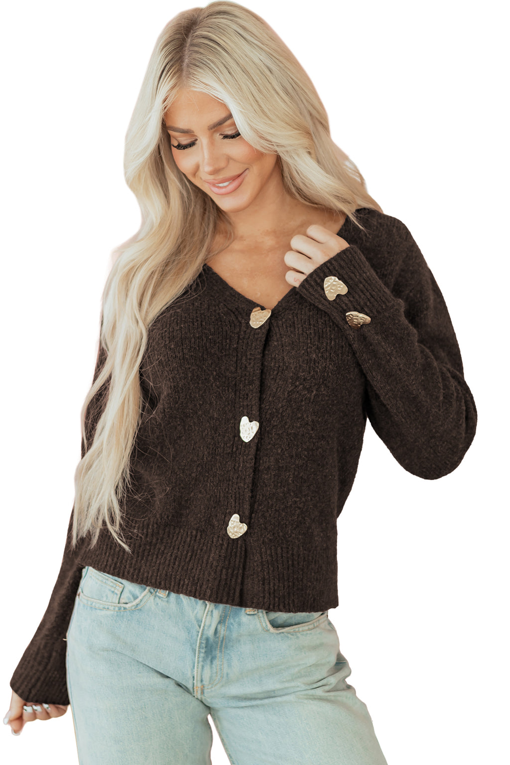 Fiery Red Heart Metal Button V Neck Cardigan Sweater