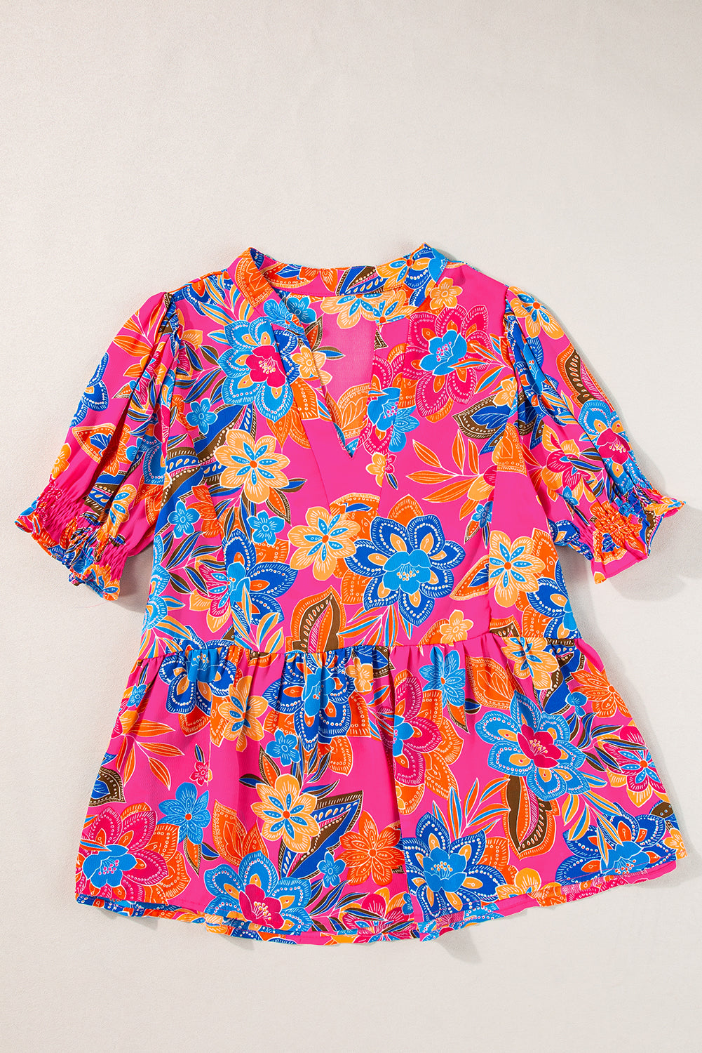 Pink Abstract Printed Puff Short Sleeve Tiered Loose Dress