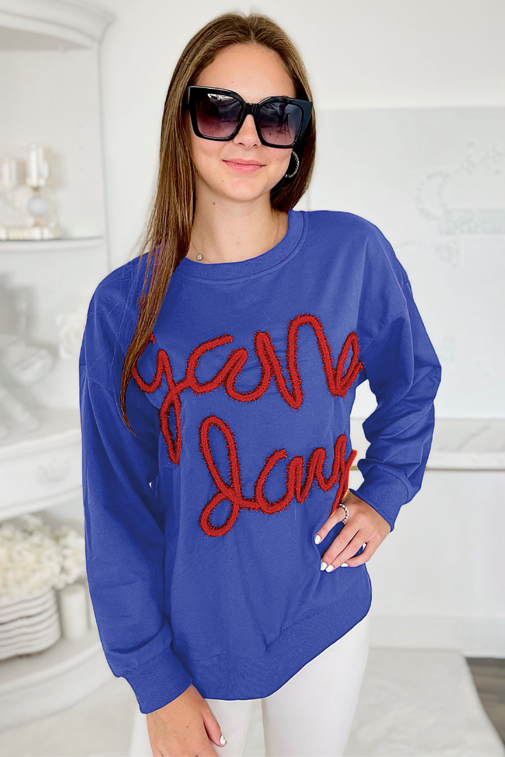 Russet Orange Tinsel Game Day Drop Shoulder Graphic Sweatshirt