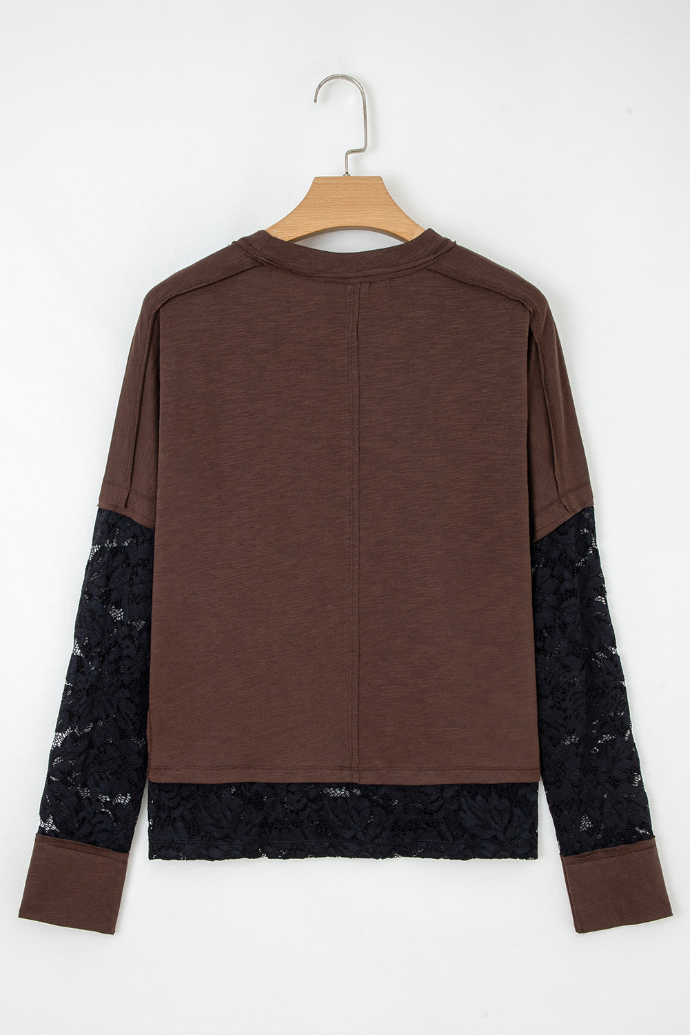 Dark Brown Rhinestone Spooky Graphic Lace Patchwork Long Sleeve T Shirt