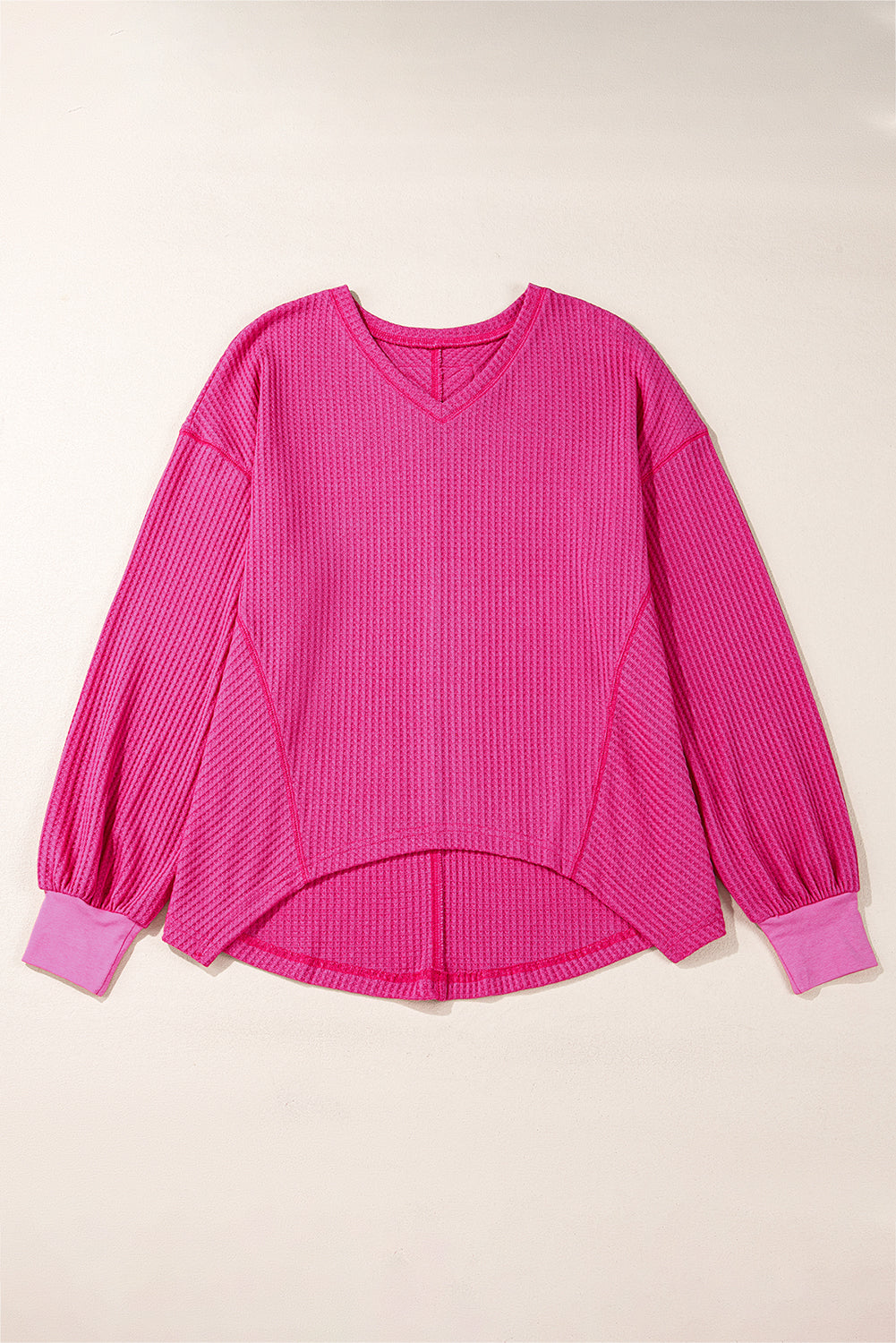 Light Pink Waffle V Neck Long Sleeve Drop Shoulder Loose Blouse
