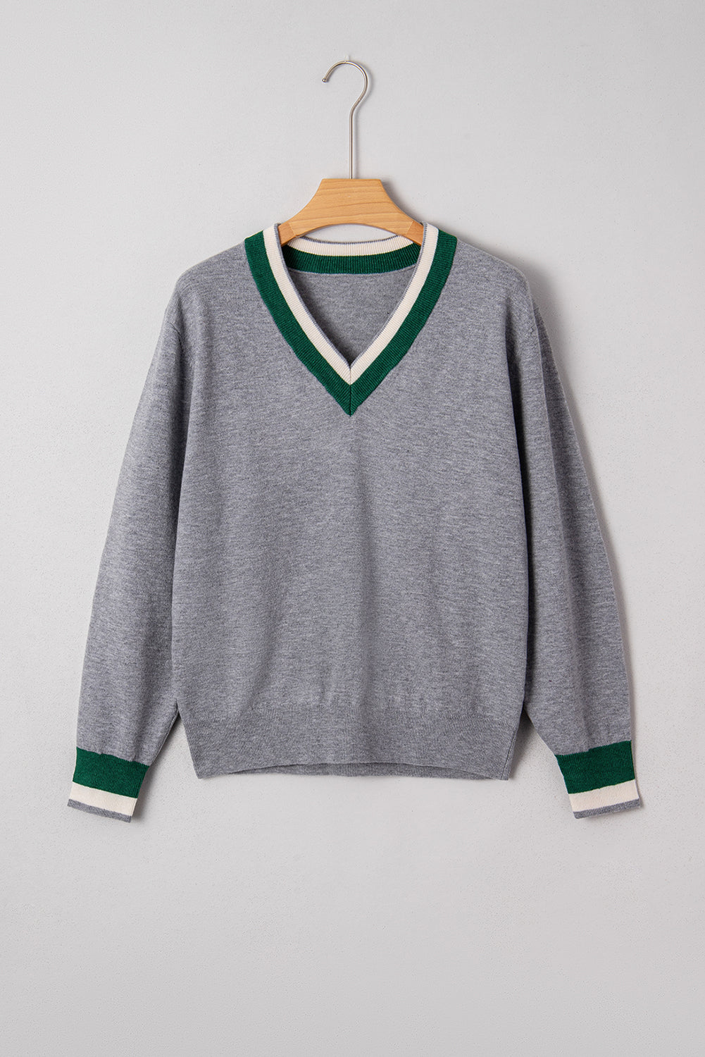 Black Contrast Striped Trim V Neck Varsity Sweater