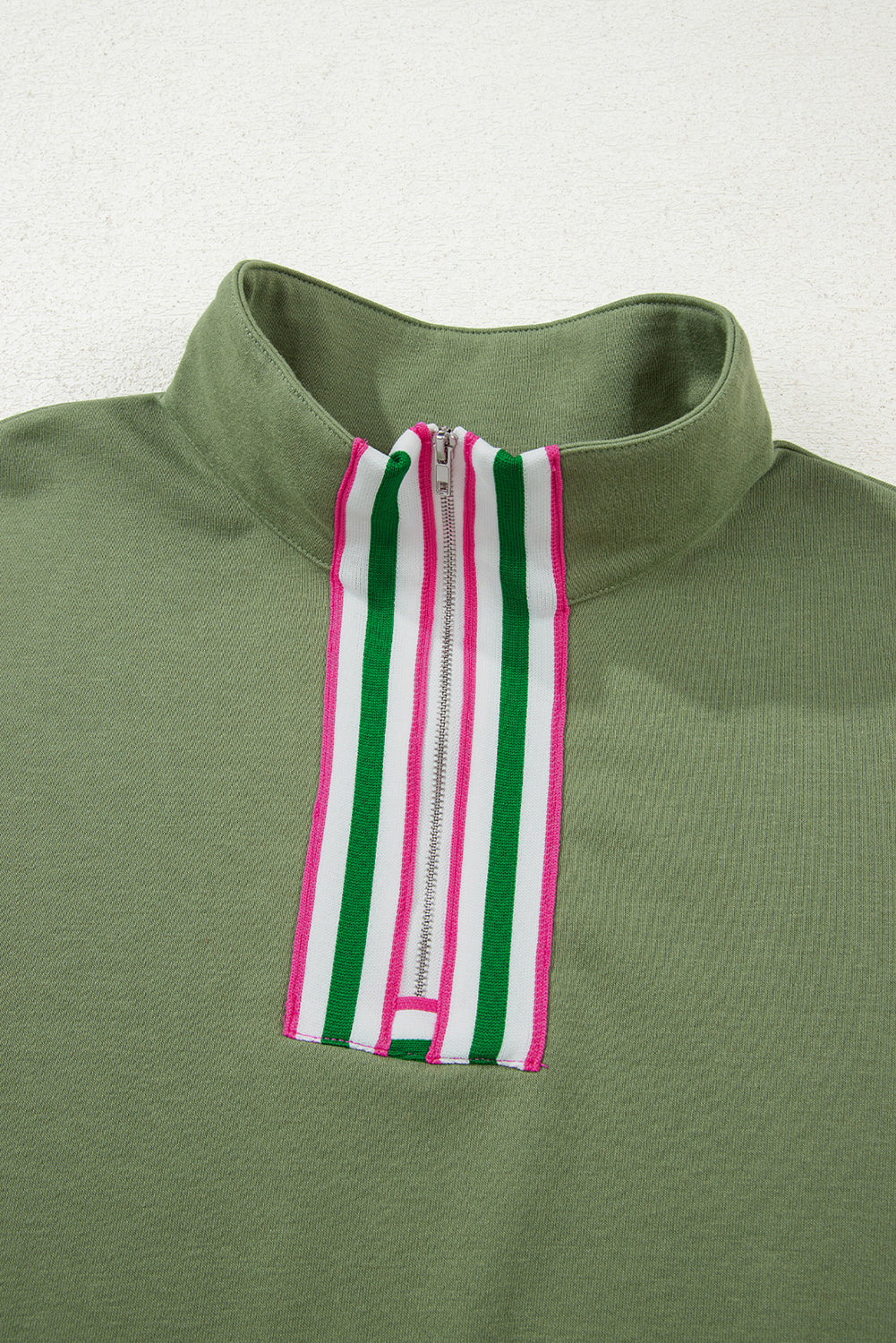 Light Grey Contrast Striped Patchwork Zip Collar Pullover Sweatshirt
