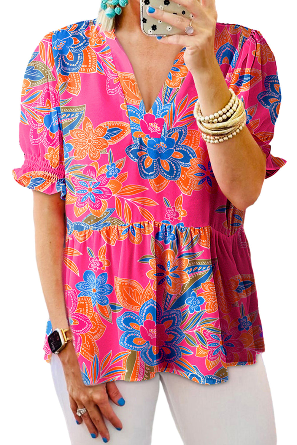 Pink Abstract Printed Puff Short Sleeve Tiered Loose Dress